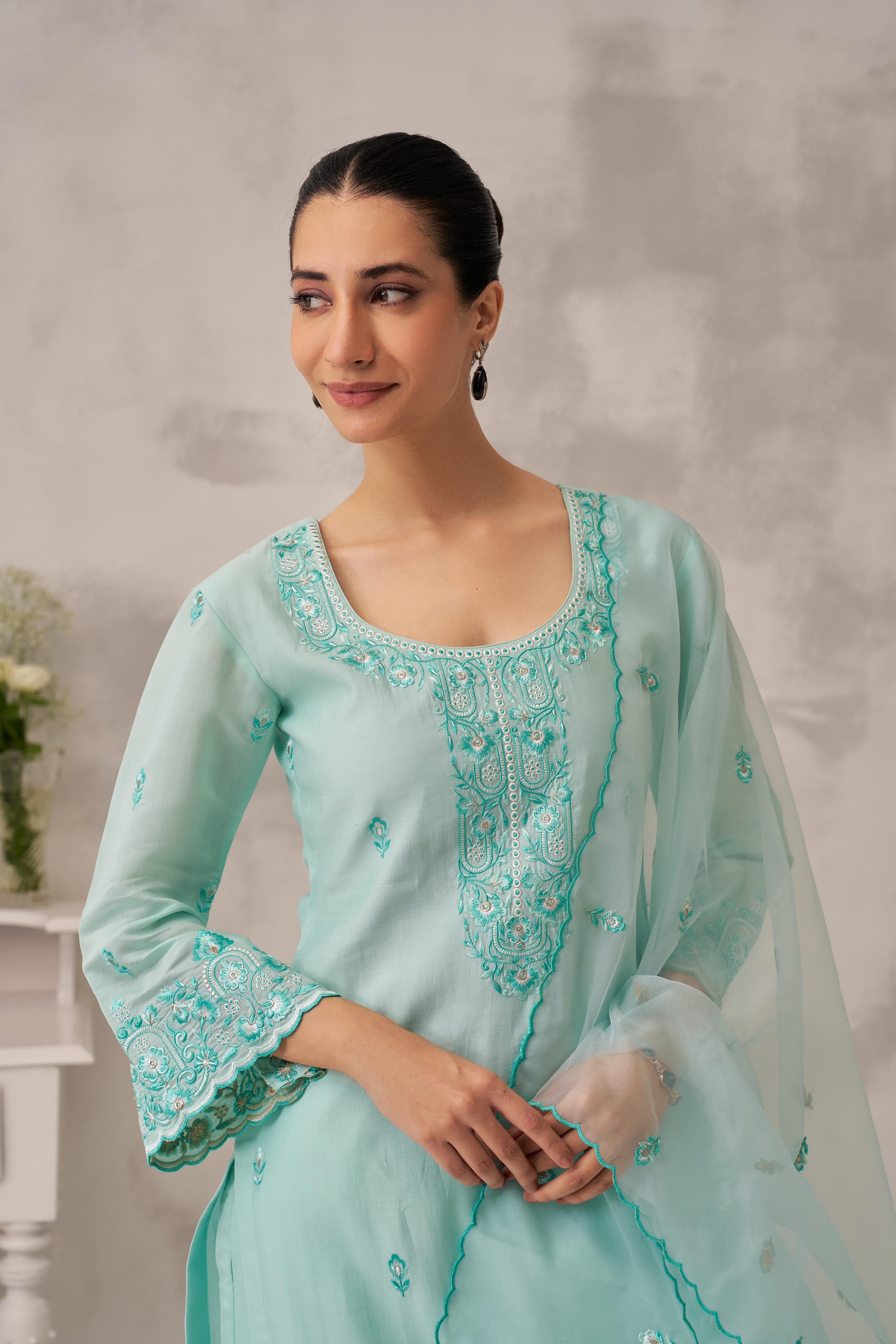 POOJA (@thefashionchauvinst) in ROSHINI - Sea Green Chanderi Suit Set