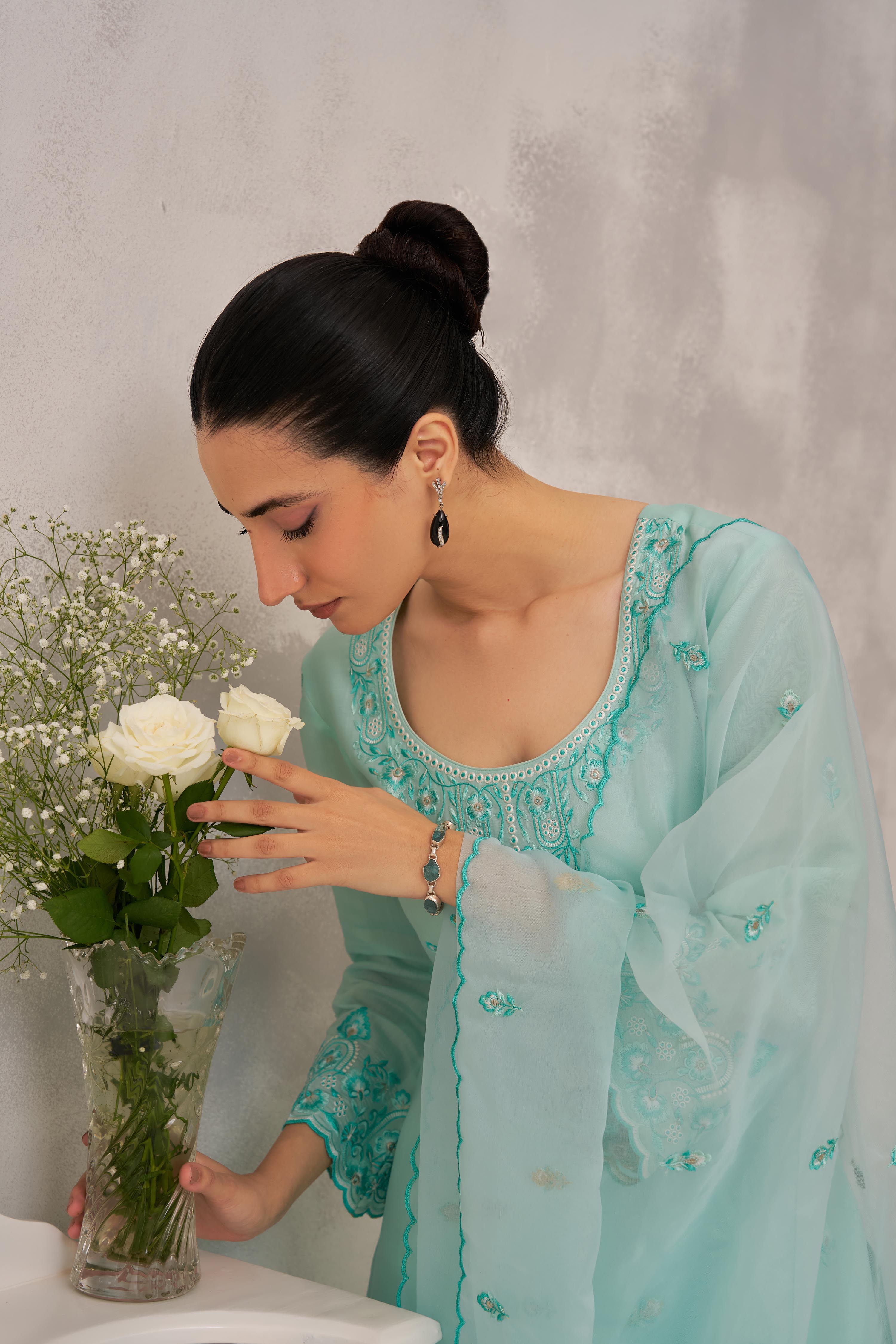 POOJA (@thefashionchauvinst) in ROSHINI - Sea Green Chanderi Suit Set