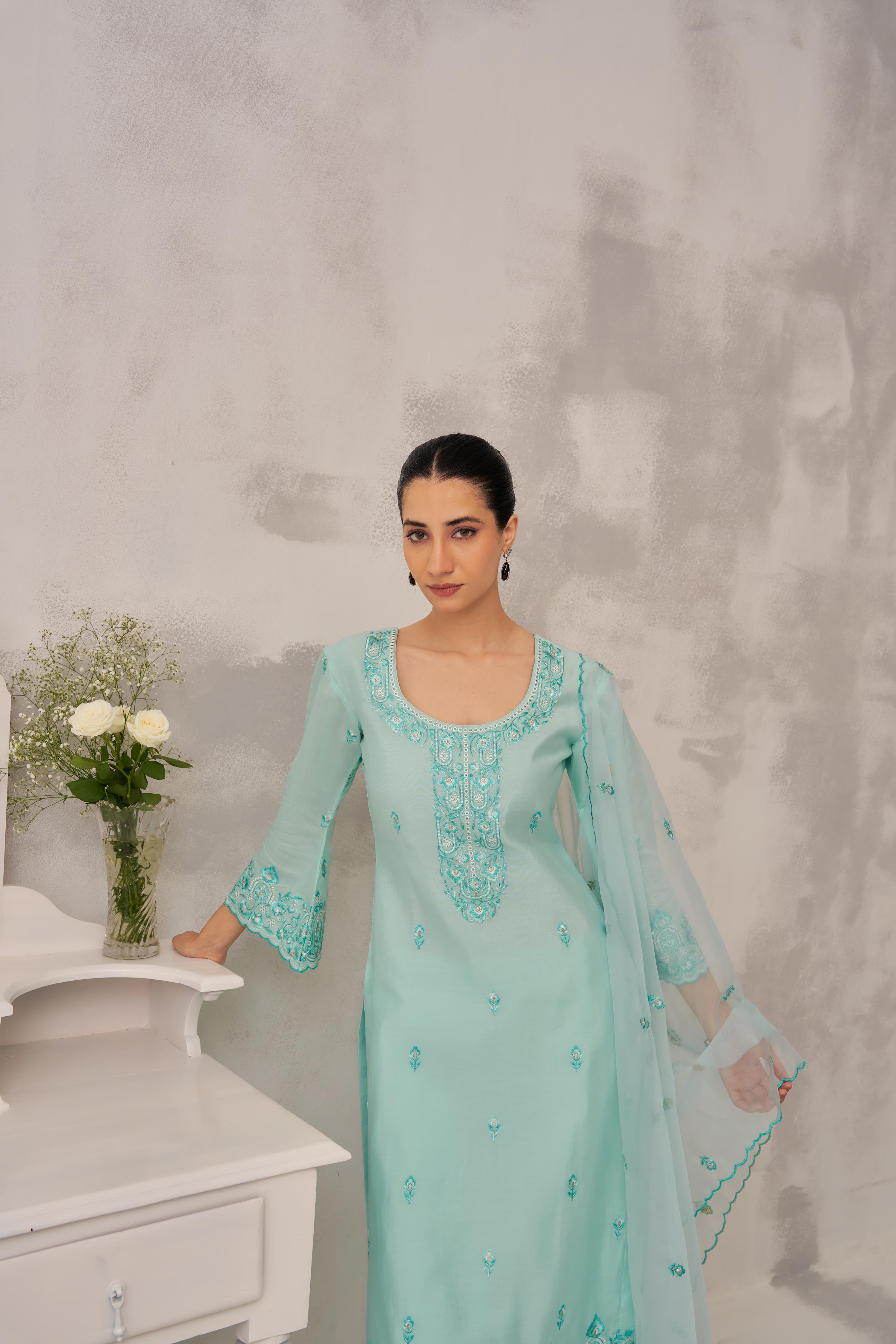 POOJA (@thefashionchauvinst) in ROSHINI - Sea Green Chanderi Suit Set