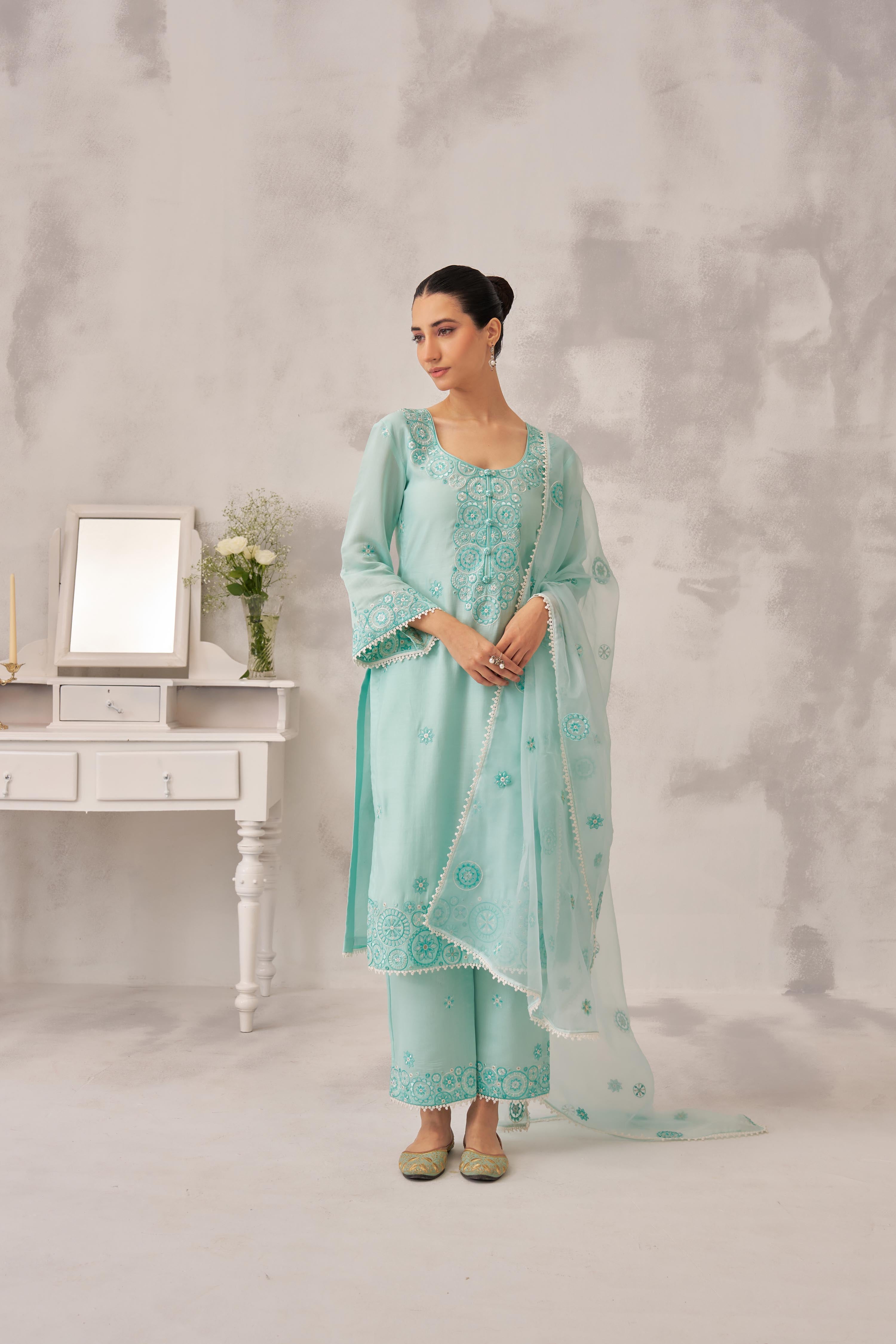 MAHIRA - Sea Green Chanderi Suit Set