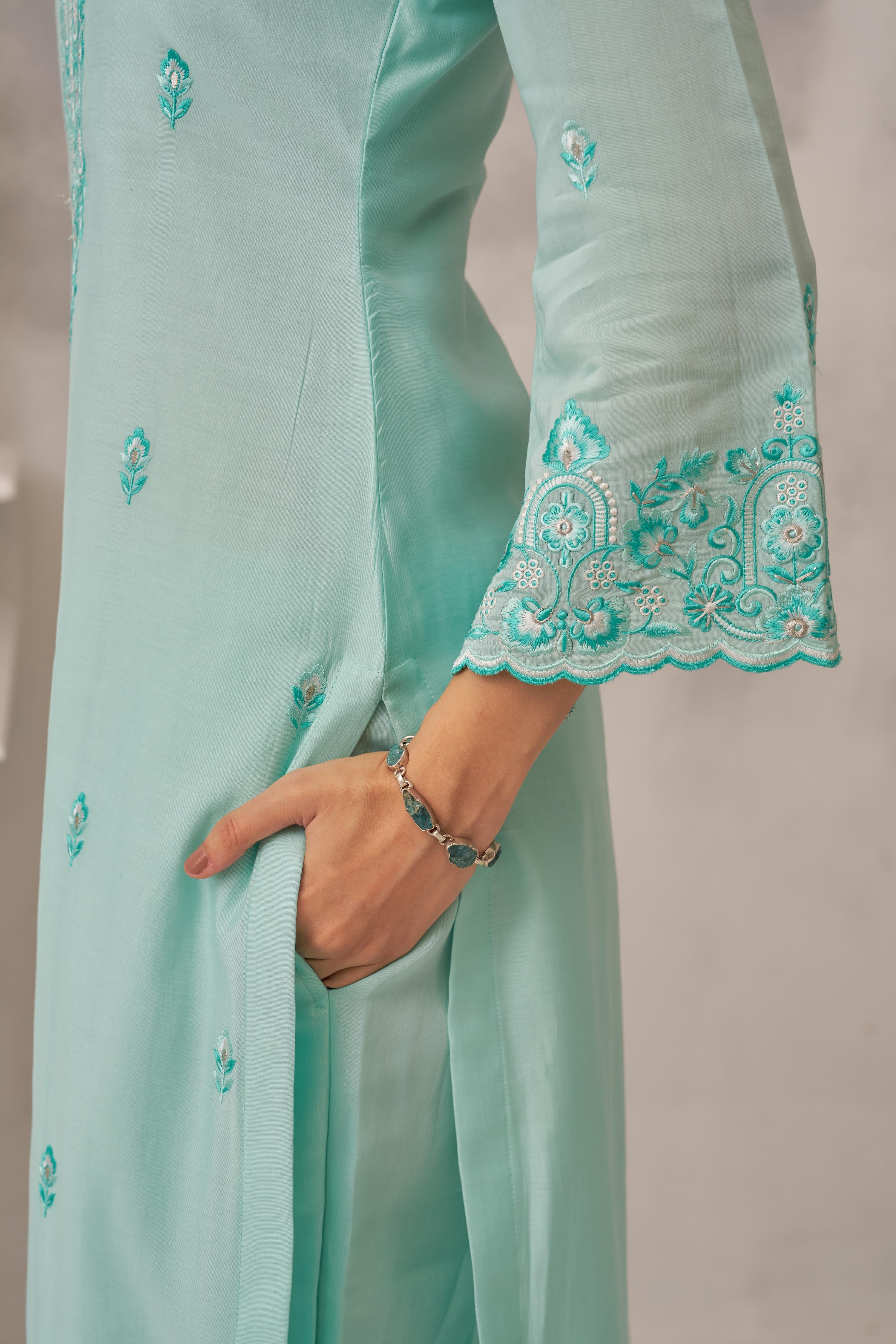 POOJA (@thefashionchauvinst) in ROSHINI - Sea Green Chanderi Suit Set