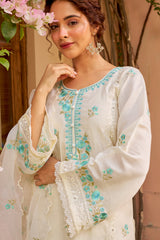 Banphool - Ivory White Chanderi Embroidered Suit Set.