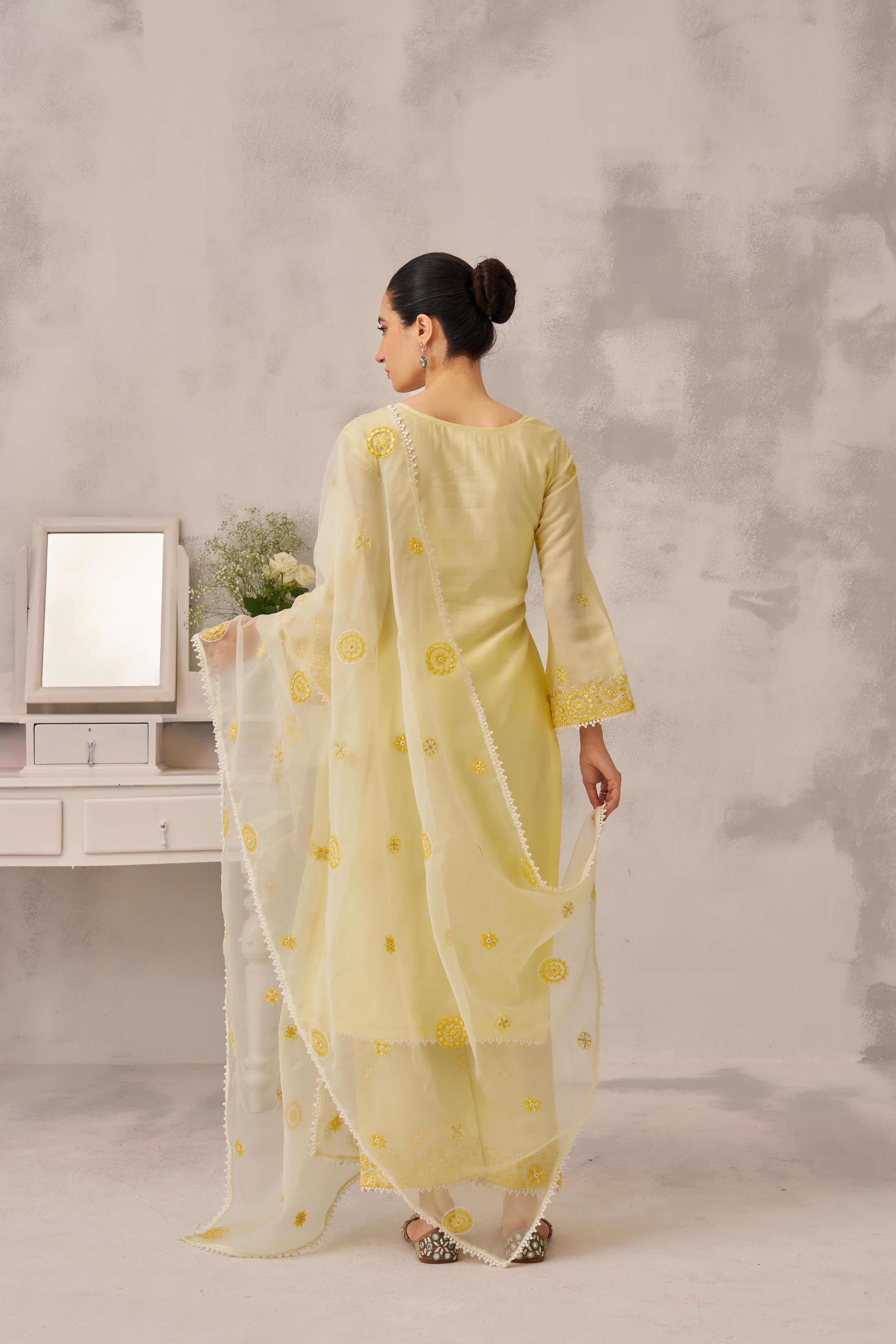 POOJA (@thefashionchauvinst) SAMIYA - Lime Yellow Chanderi Suit Set