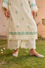 Banphool - Ivory White Chanderi Embroidered Suit Set.