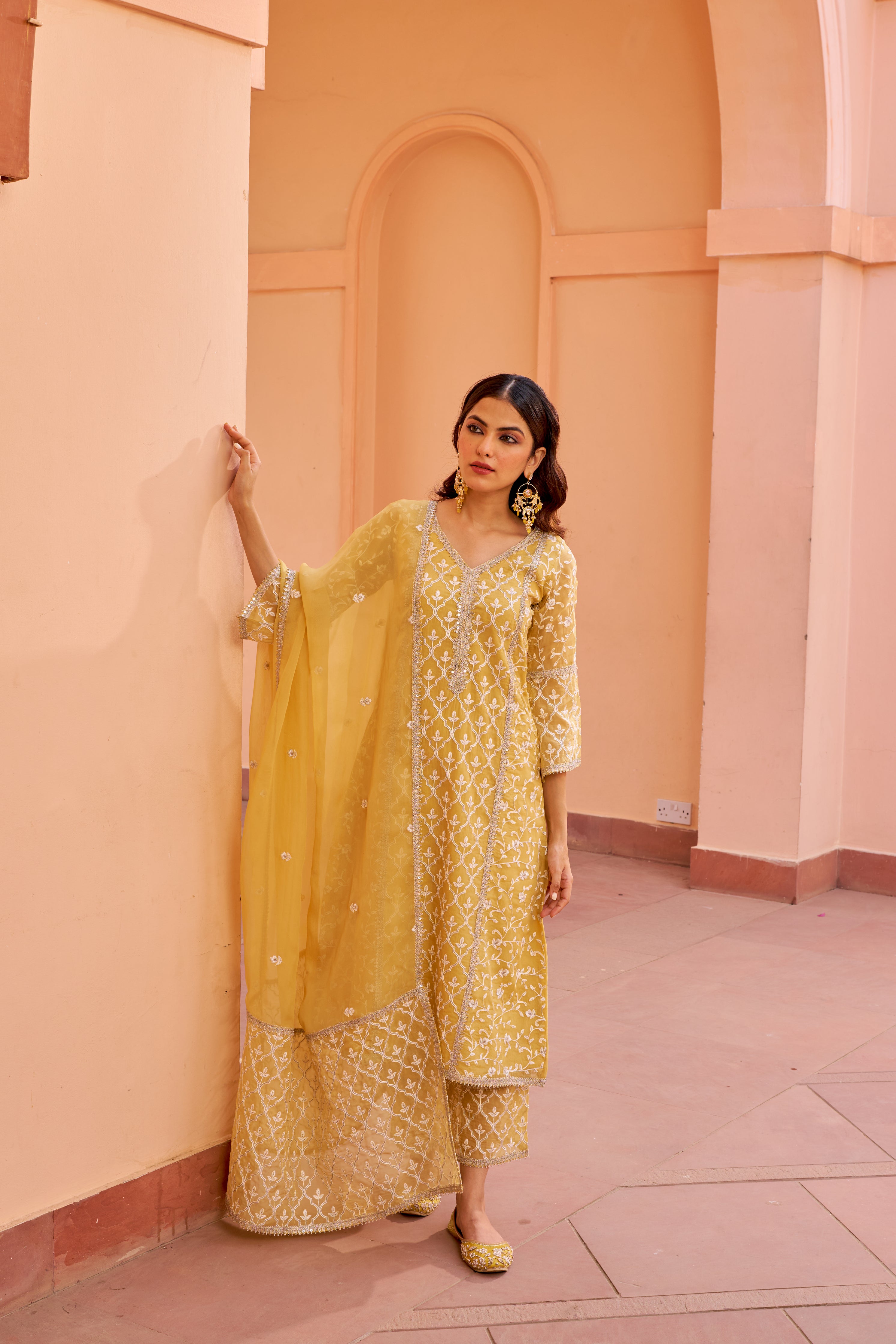 Sajni - Yellow A-line Straight Suit Set.