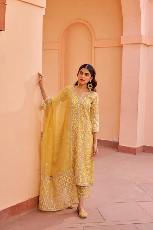 Sajni - Yellow A-line Straight Suit Set.