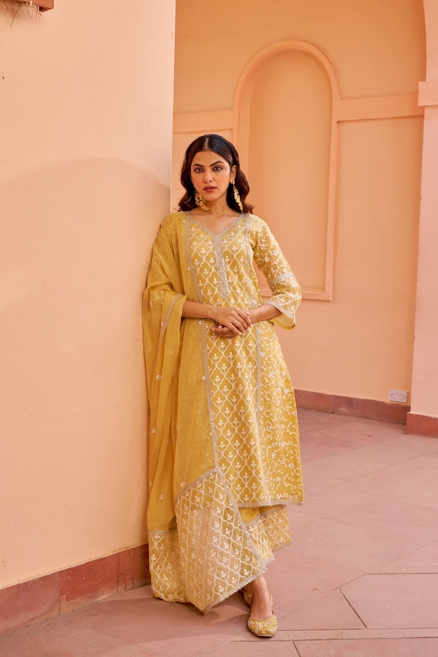 Sajni - Yellow A-line Straight Suit Set.