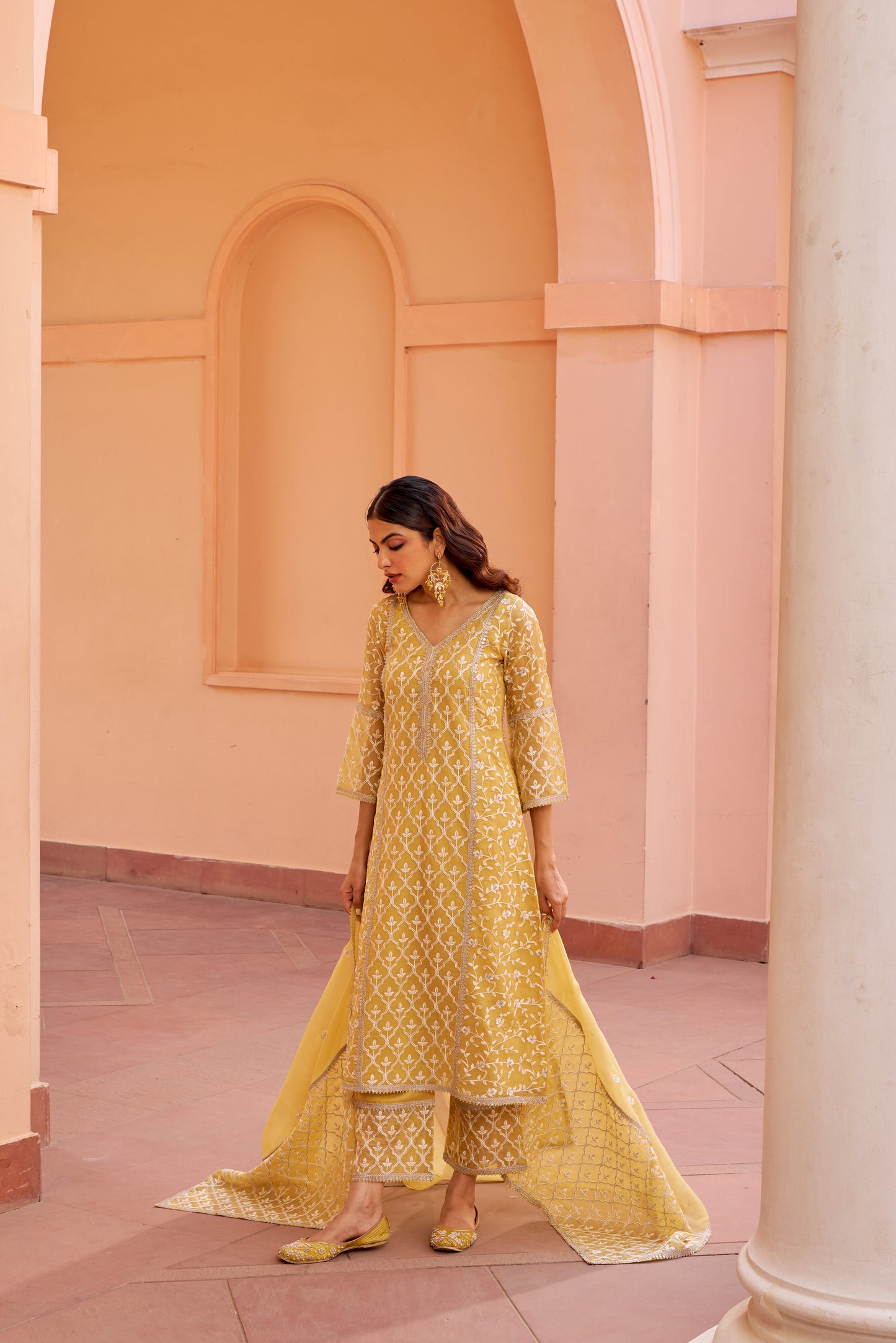 Sajni - Yellow A-line Straight Suit Set.