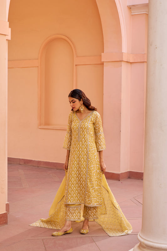 Sajni - Yellow A-line Straight Suit Set.