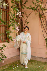 Banafsha - Ivory White Chanderi Embroidered Suit Set.