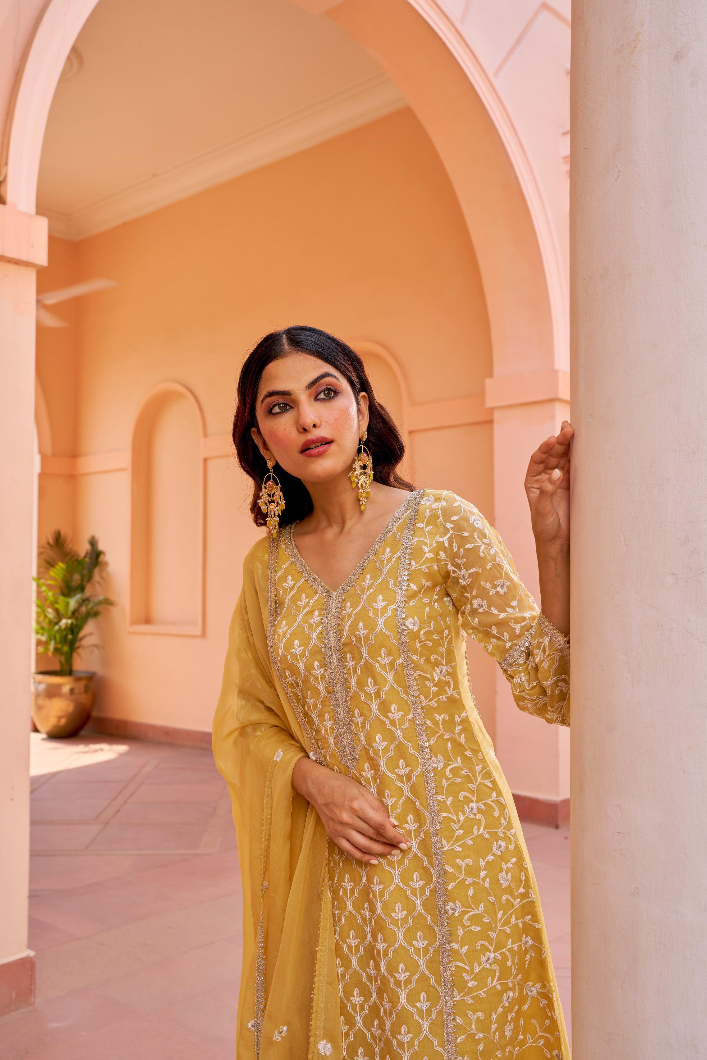 Sajni - Yellow A-line Straight Suit Set.