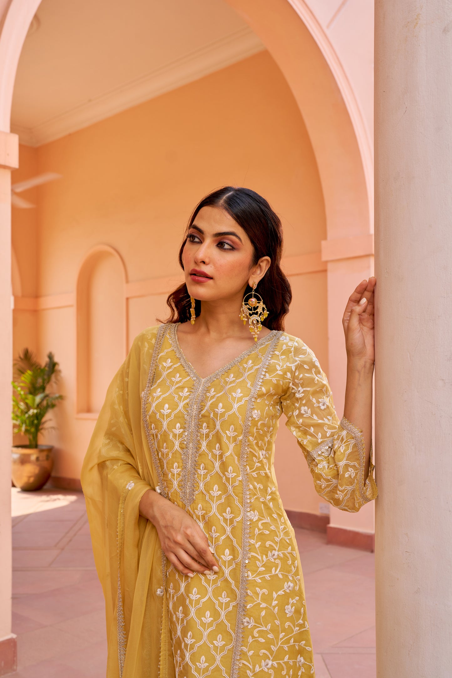 Sajni - Yellow A-line Straight Suit Set.