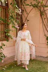 Gul-Khera - Ivory White Chanderi Embroidered Suit Set.