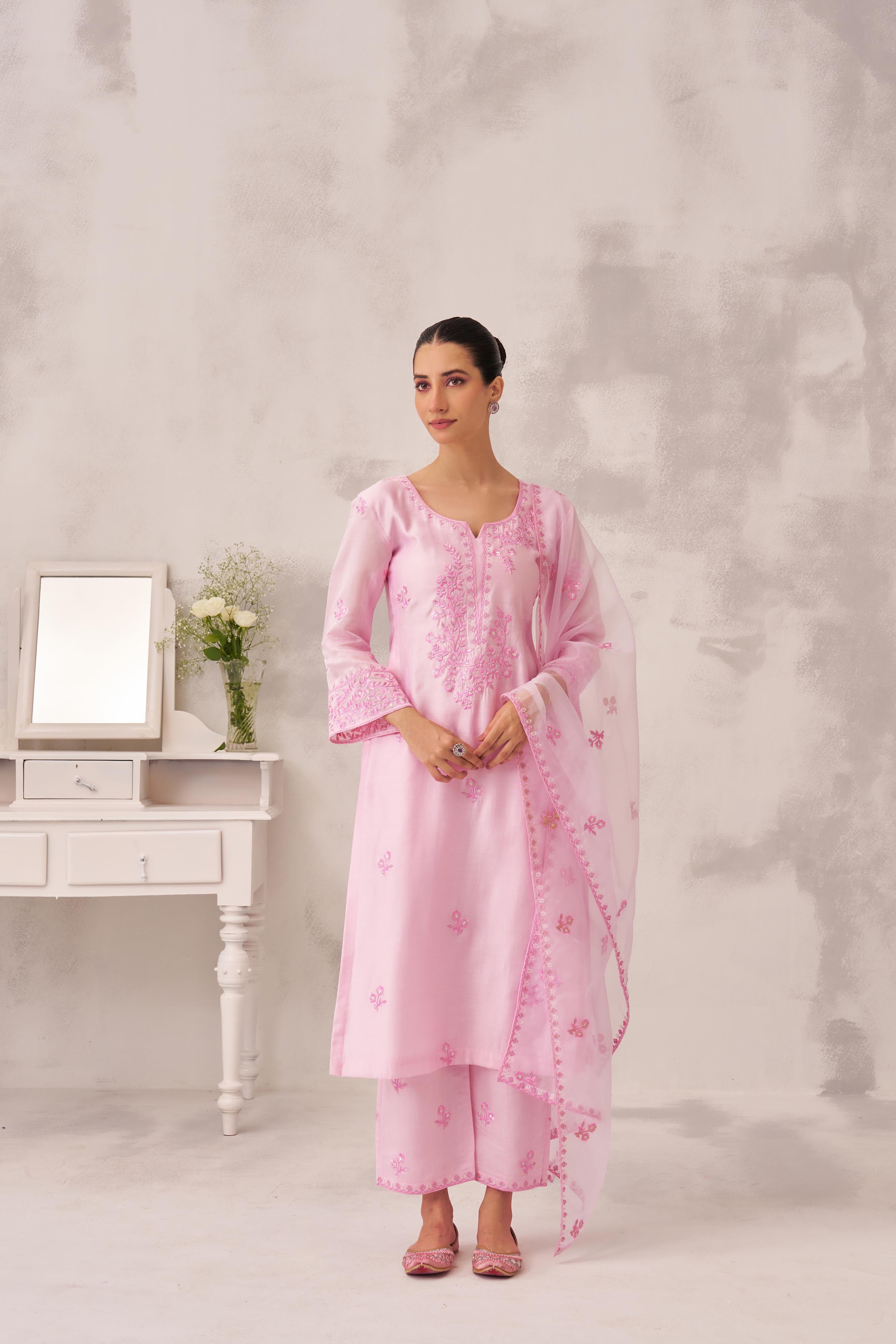 Akanksha Puri in KIARA - Pink Chanderi Suit Set
