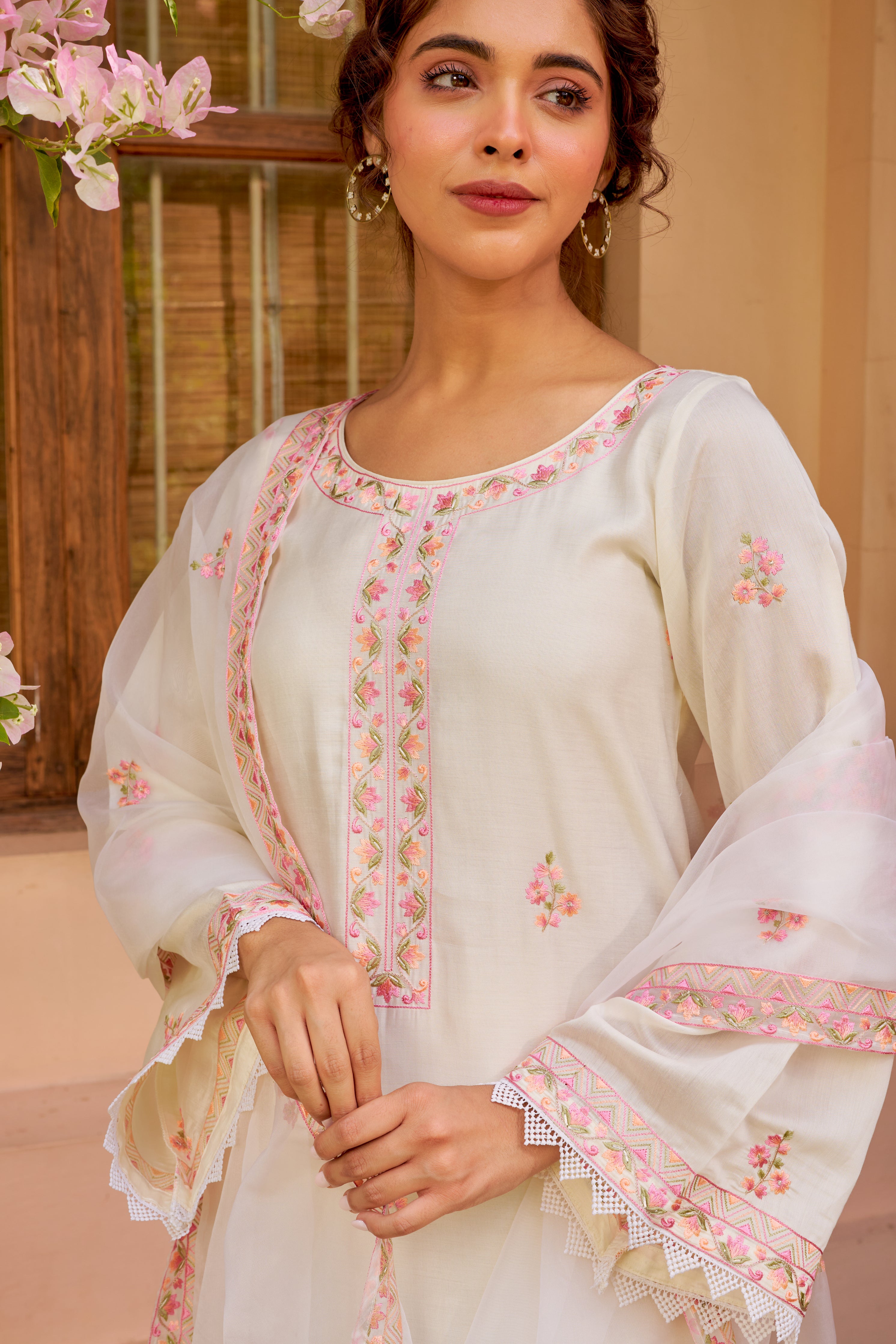 Pavitra Punia in Gul-Khera - Ivory White Chanderi Embroidered Suit Set.