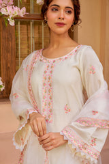 Gul-Khera - Ivory White Chanderi Embroidered Suit Set.