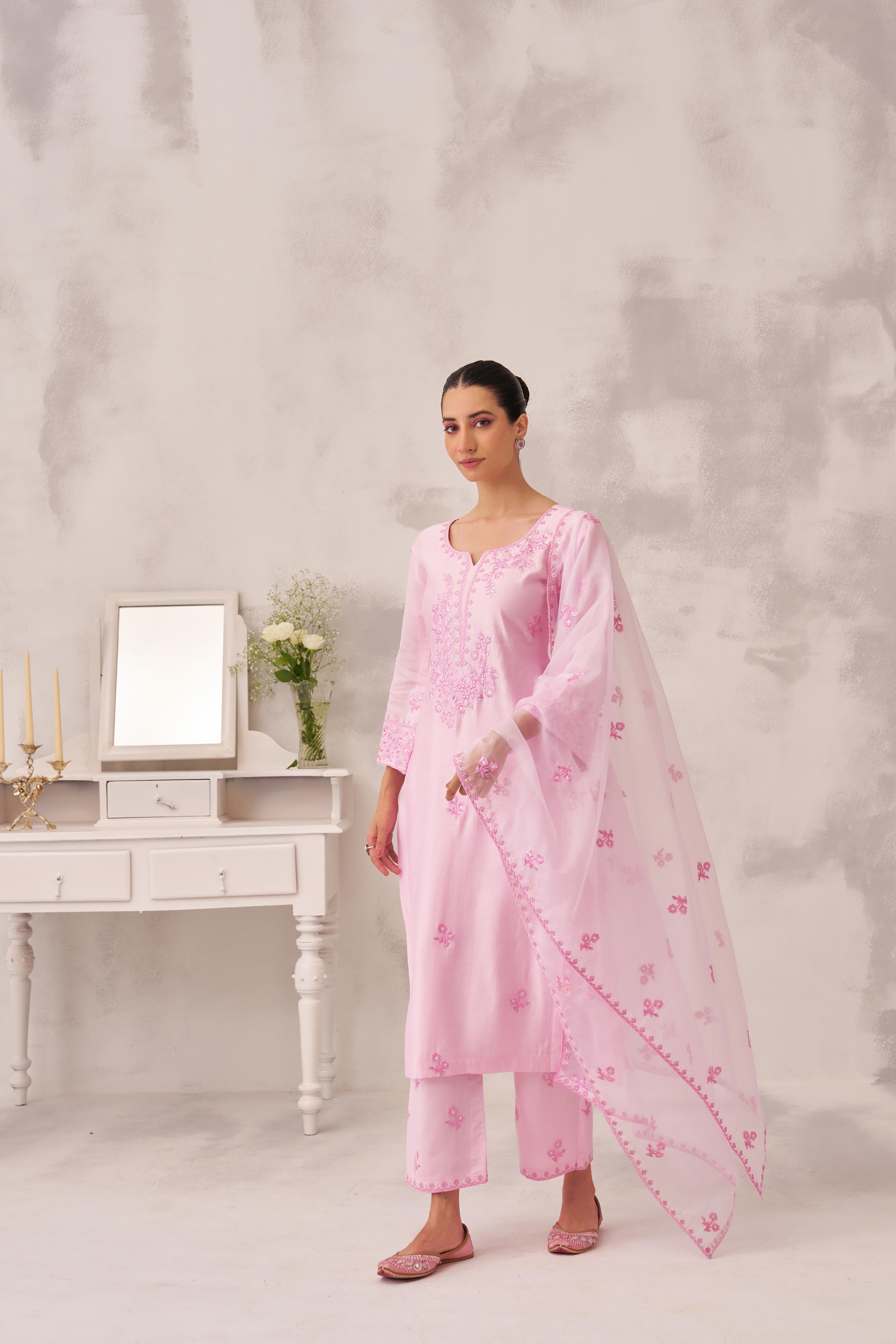 Akanksha Puri in KIARA - Pink Chanderi Suit Set
