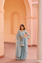 Meher Taluja in Chandani - Blue Organza Sharara Set.