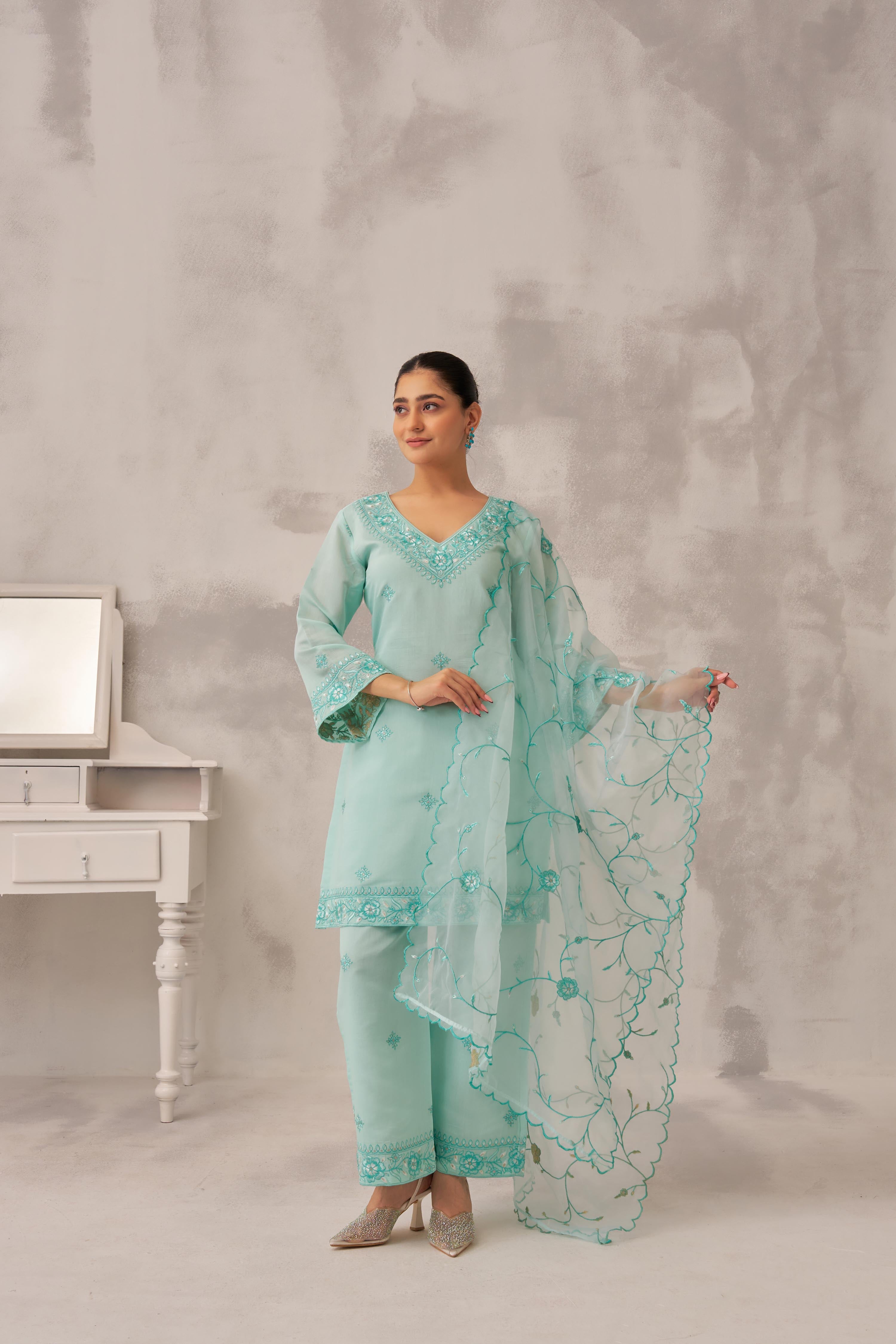 RAHAT - Sea Green Chanderi Suit Set