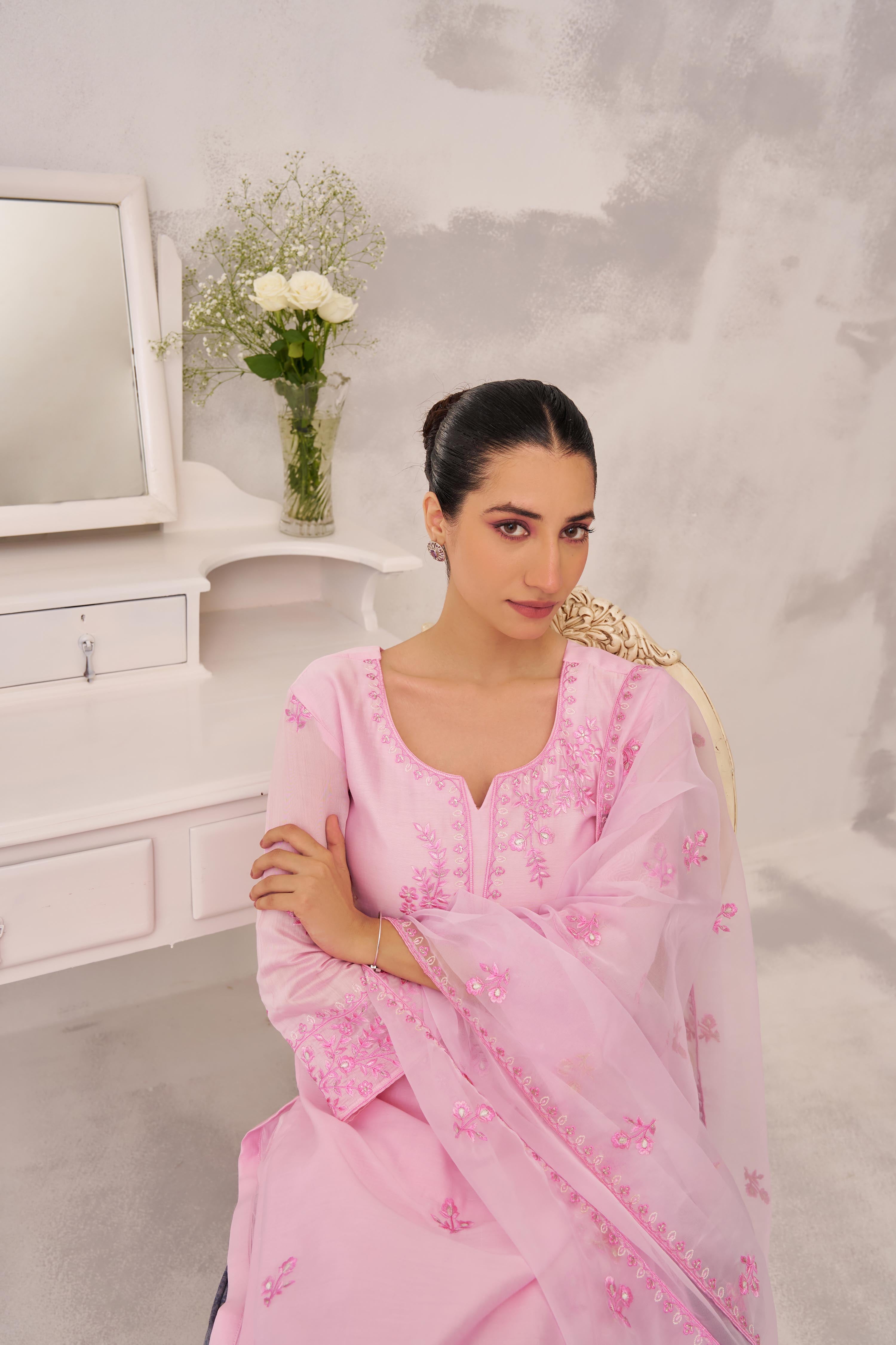 Akanksha Puri in KIARA - Pink Chanderi Suit Set
