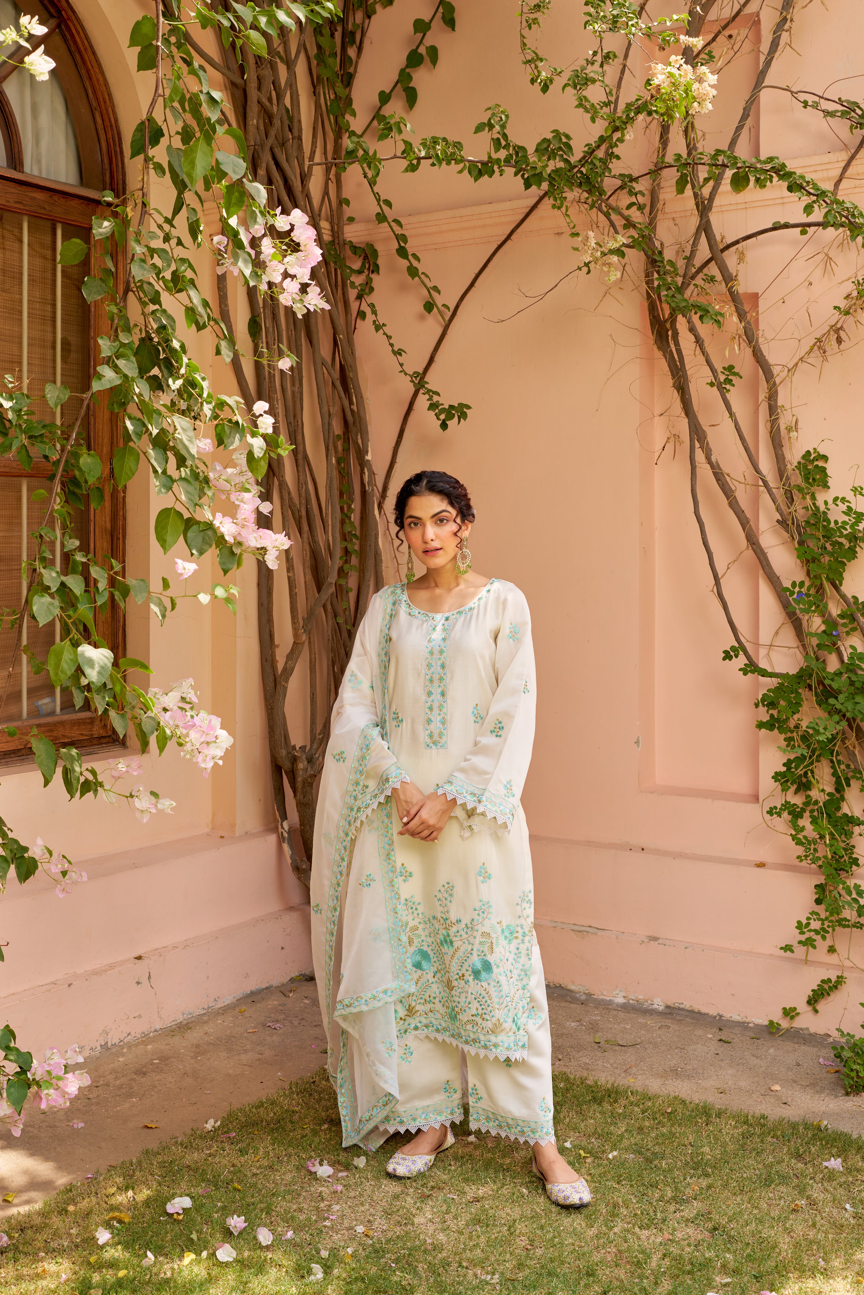Salonie Patel in Asoniya - Ivory White Chanderi Embroidered Suit Set.