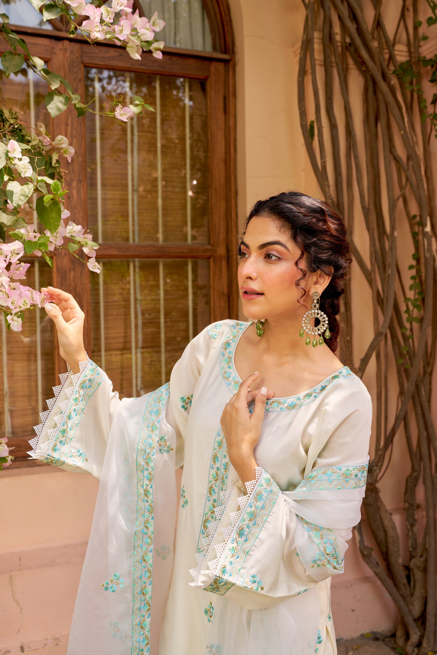 Swati Rathi in Asoniya - Ivory White Chanderi Embroidered Suit Set.