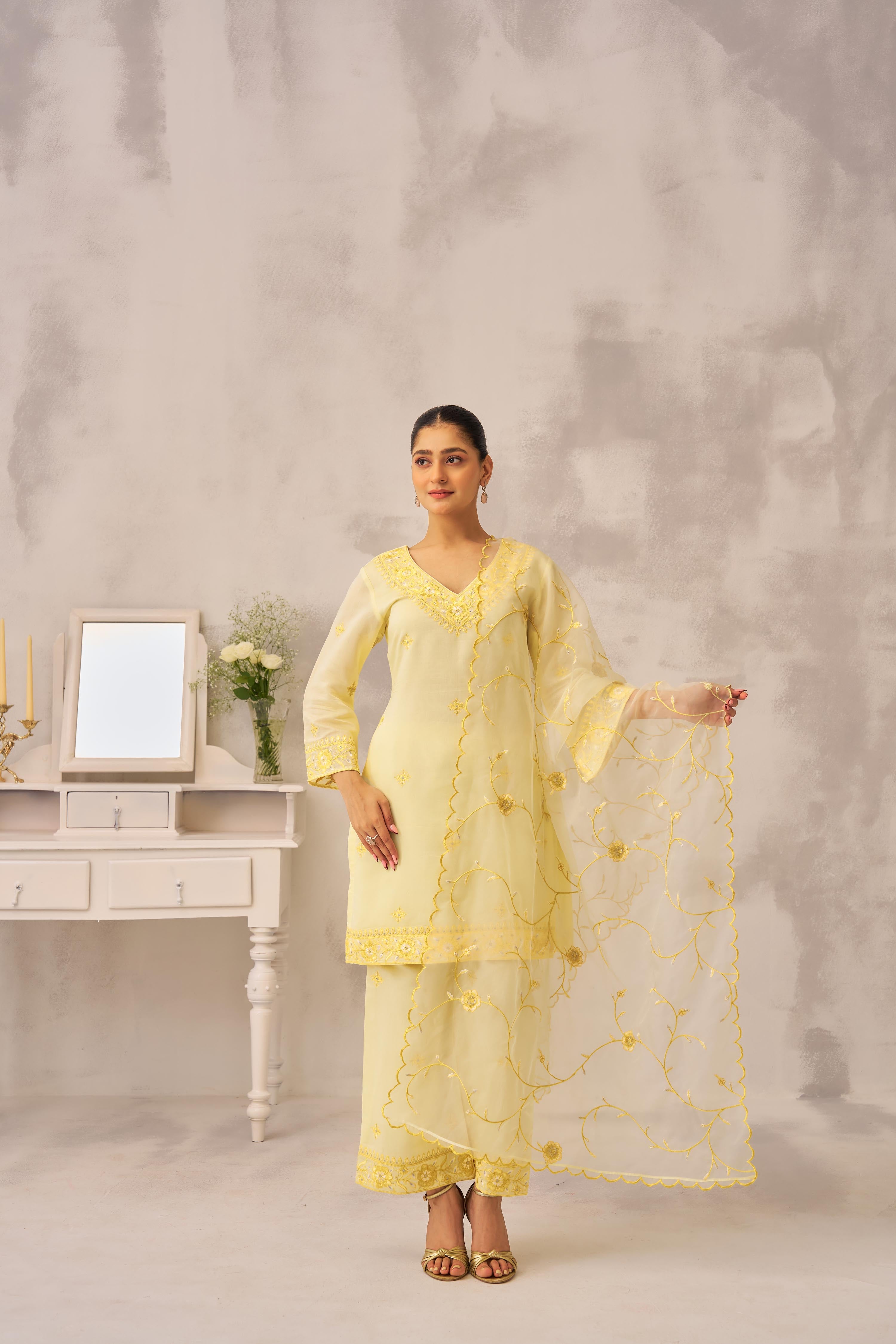 Manali Gandhi in TRISHNA - Lime Yellow Chanderi Suit Set