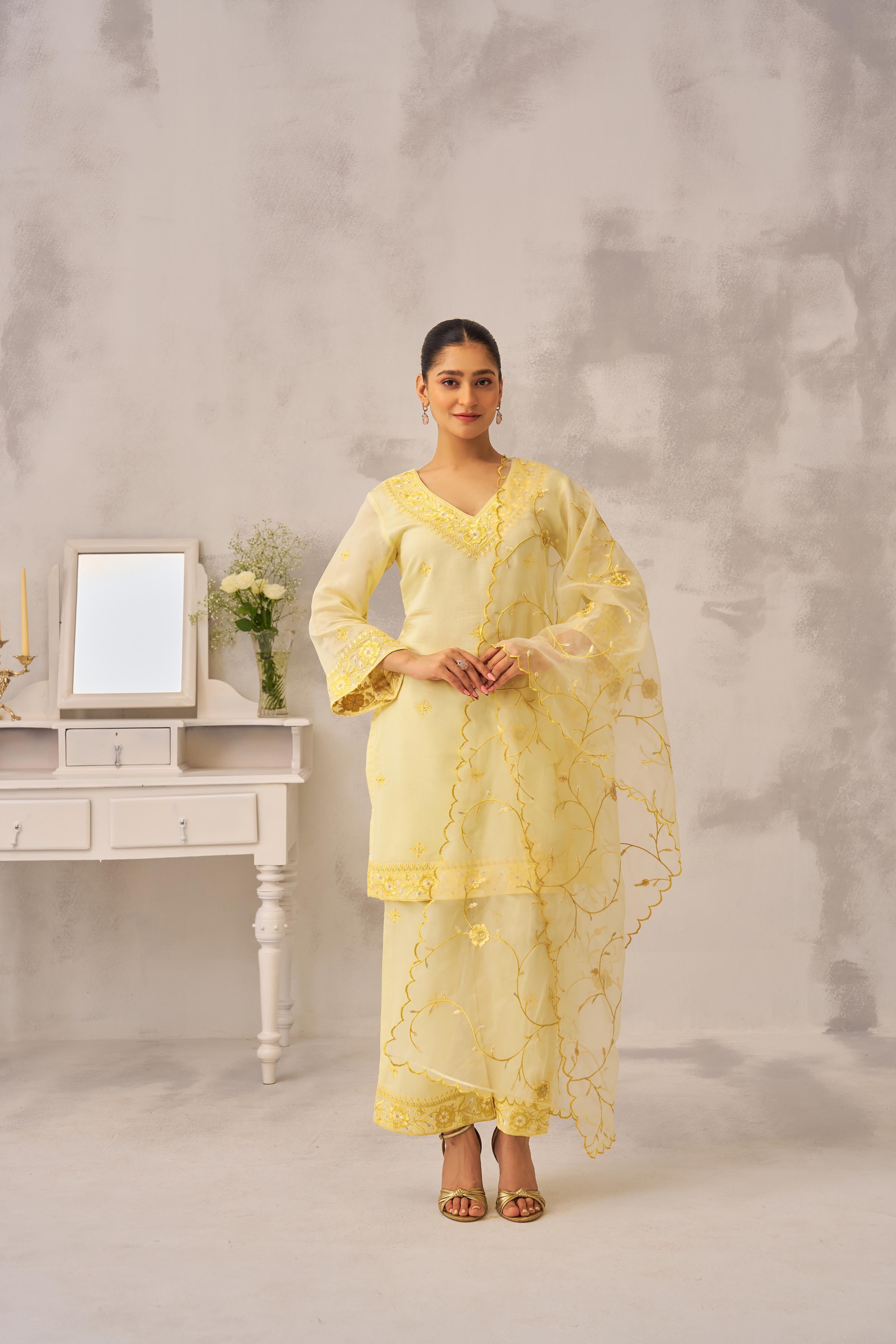 Manali Gandhi in TRISHNA - Lime Yellow Chanderi Suit Set