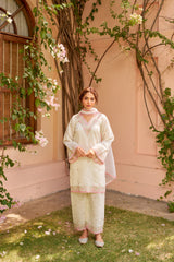Moghra - Ivory White Chanderi Embroidered Suit Set.