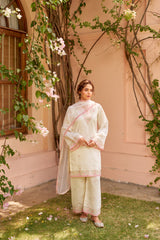 Moghra - Ivory White Chanderi Embroidered Suit Set.