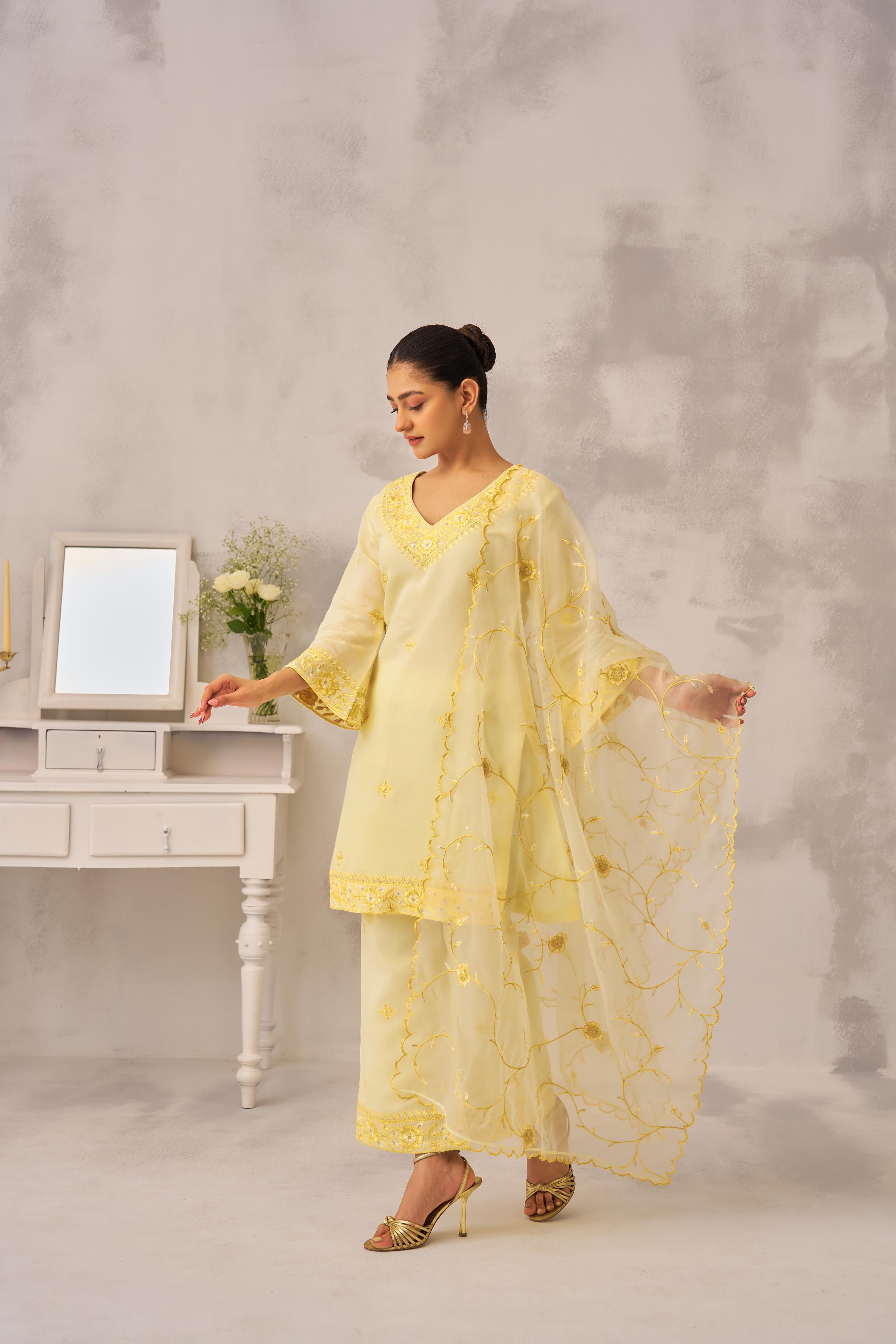 Manali Gandhi in TRISHNA - Lime Yellow Chanderi Suit Set