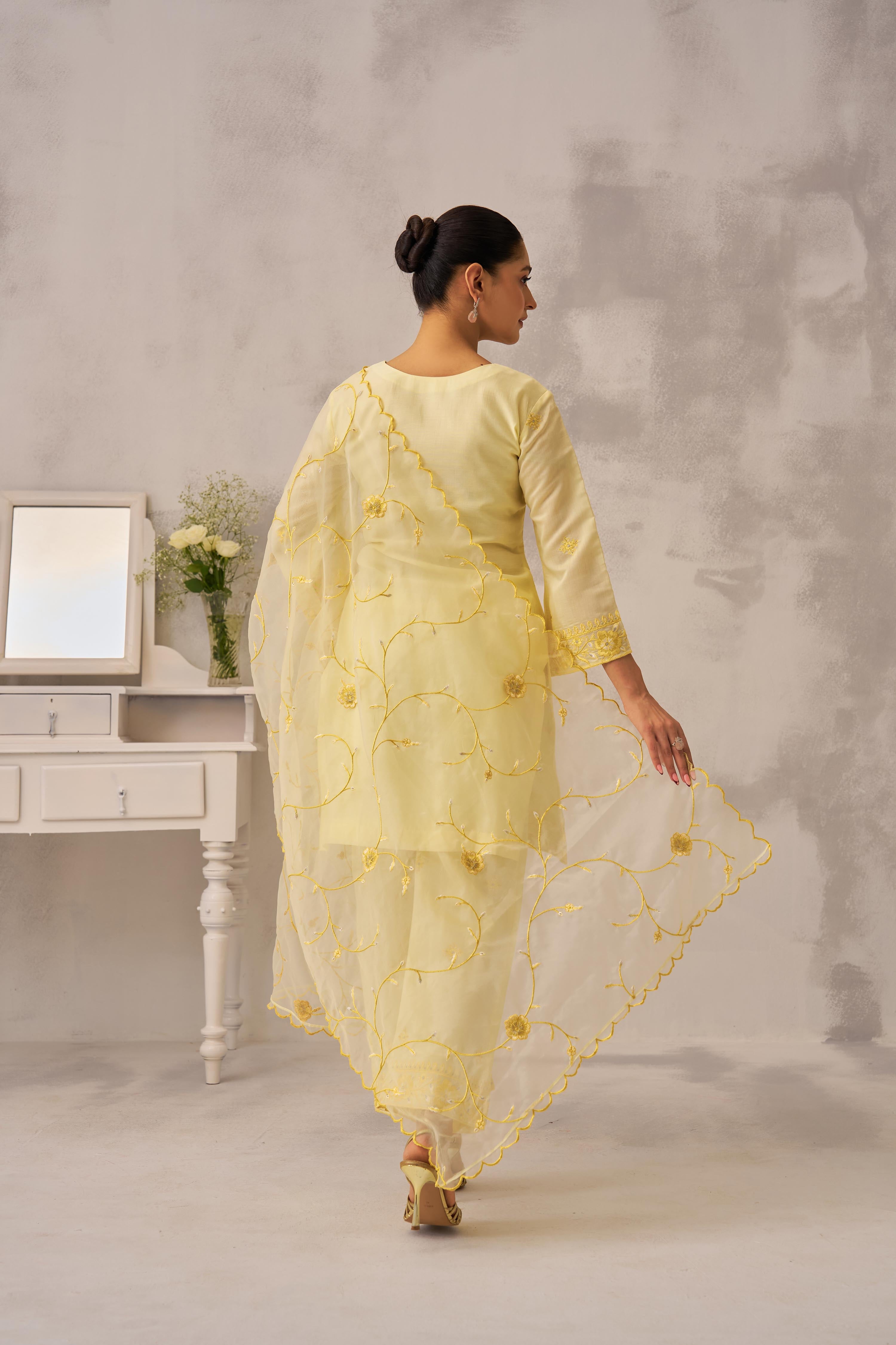 Manali Gandhi in TRISHNA - Lime Yellow Chanderi Suit Set