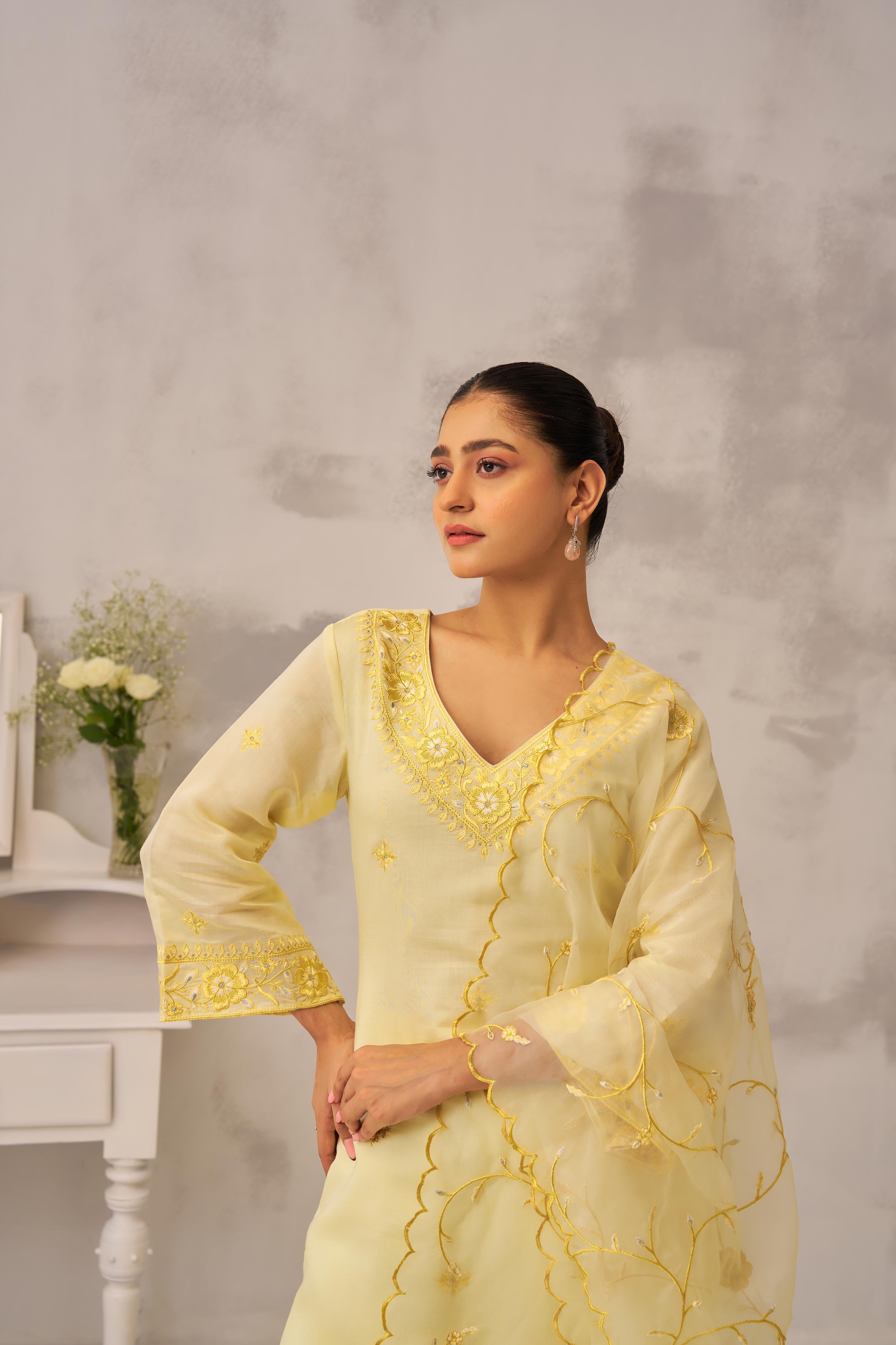 Manali Gandhi in TRISHNA - Lime Yellow Chanderi Suit Set