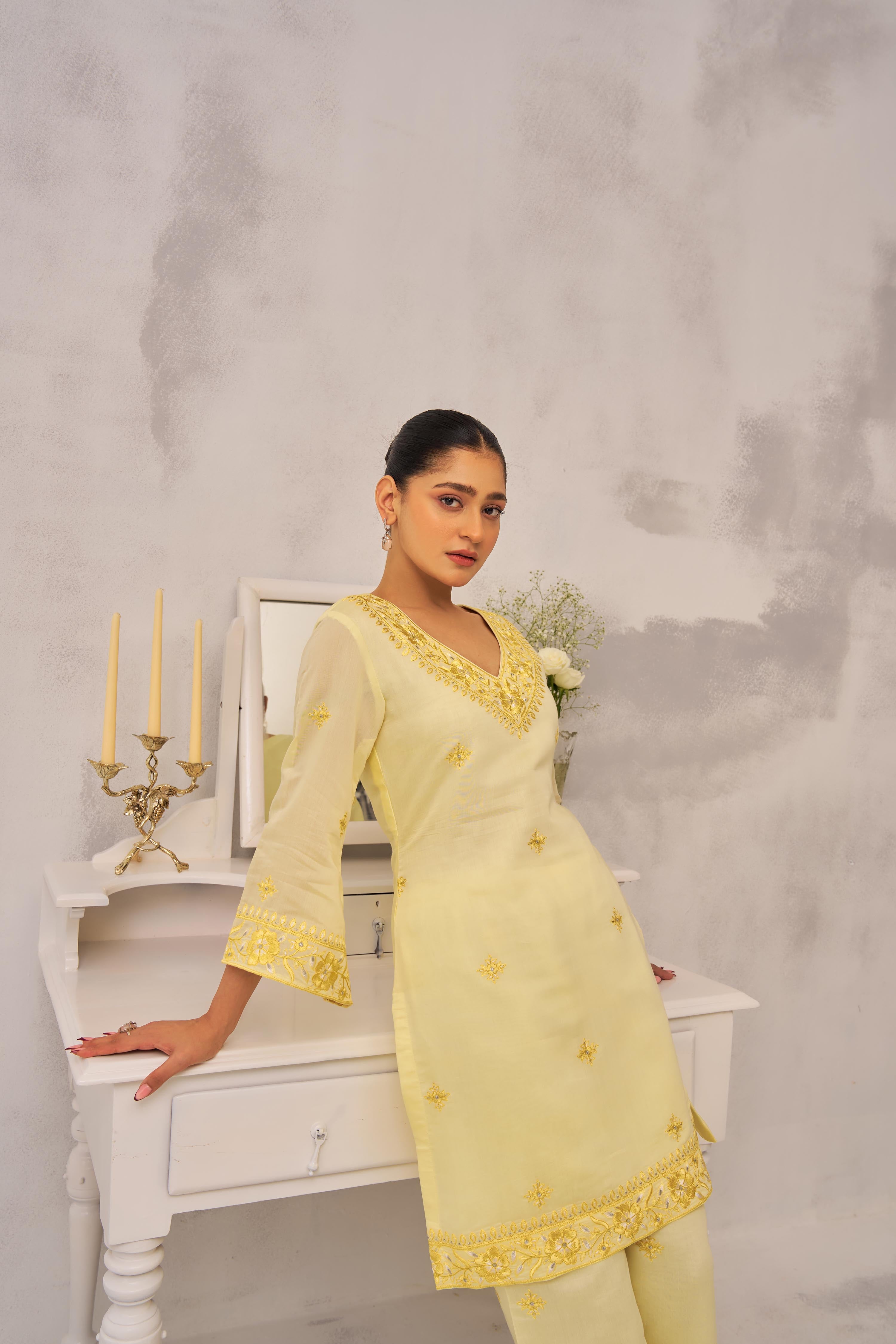 Manali Gandhi in TRISHNA - Lime Yellow Chanderi Suit Set