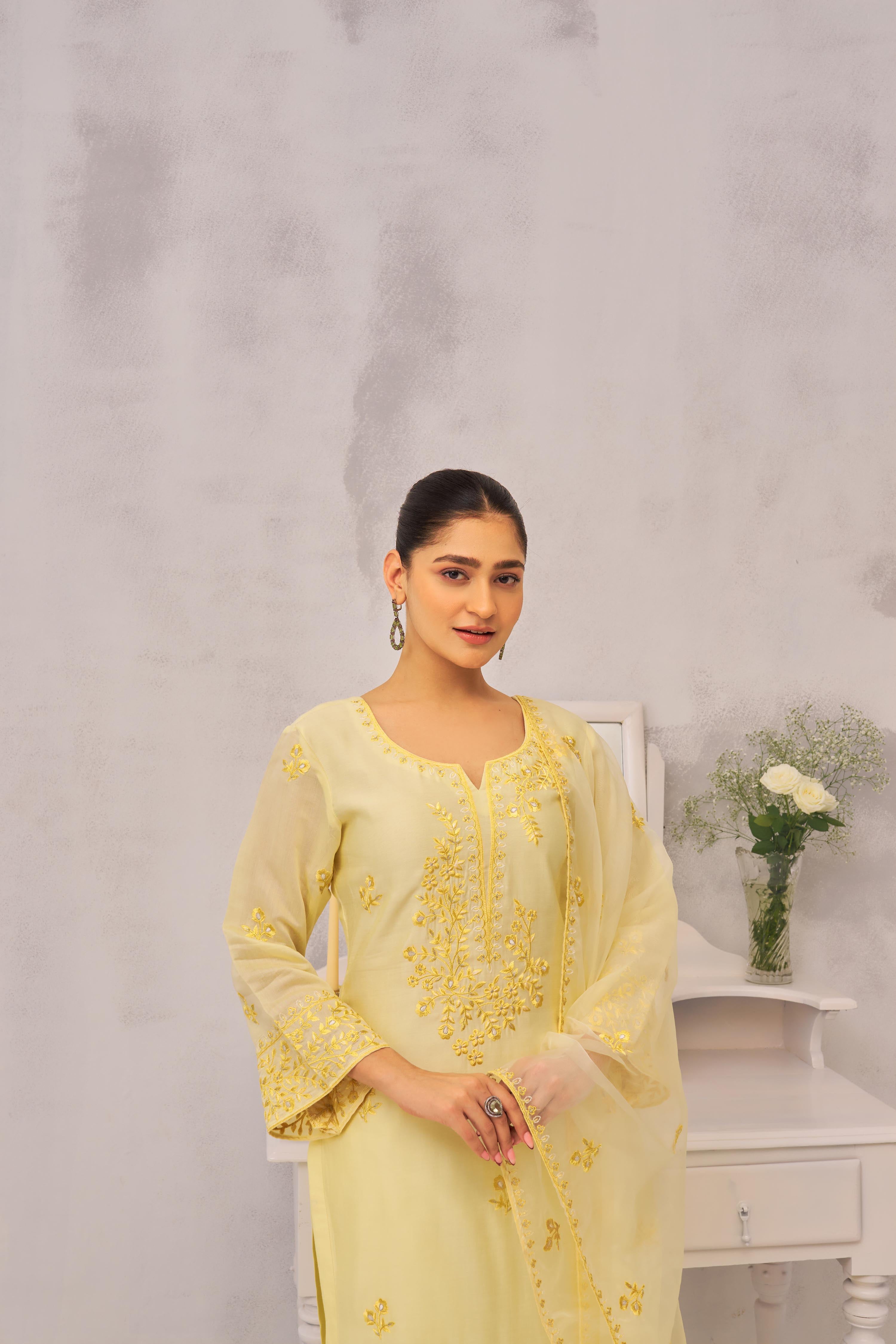 SAYA - Lime Yellow Chanderi Suit Set