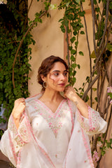 Moghra - Ivory White Chanderi Embroidered Suit Set.