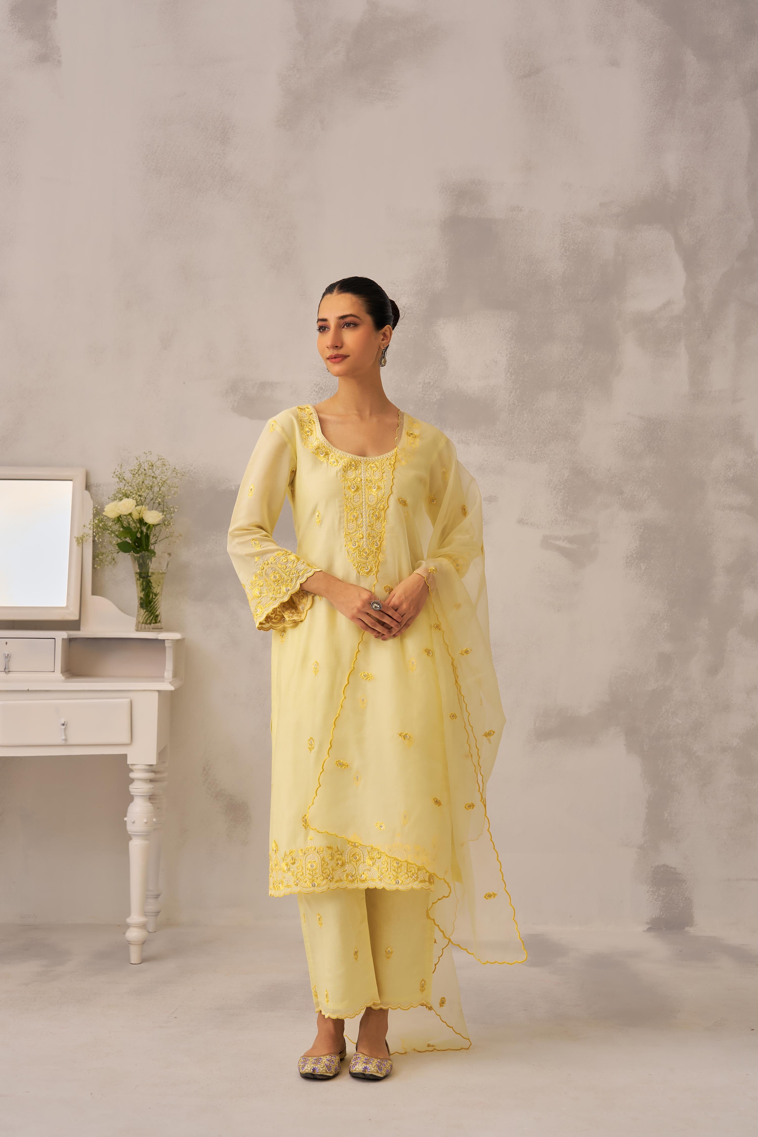 APOORVA SHARMA in TARINI - Lime Yellow Chanderi Suit Set