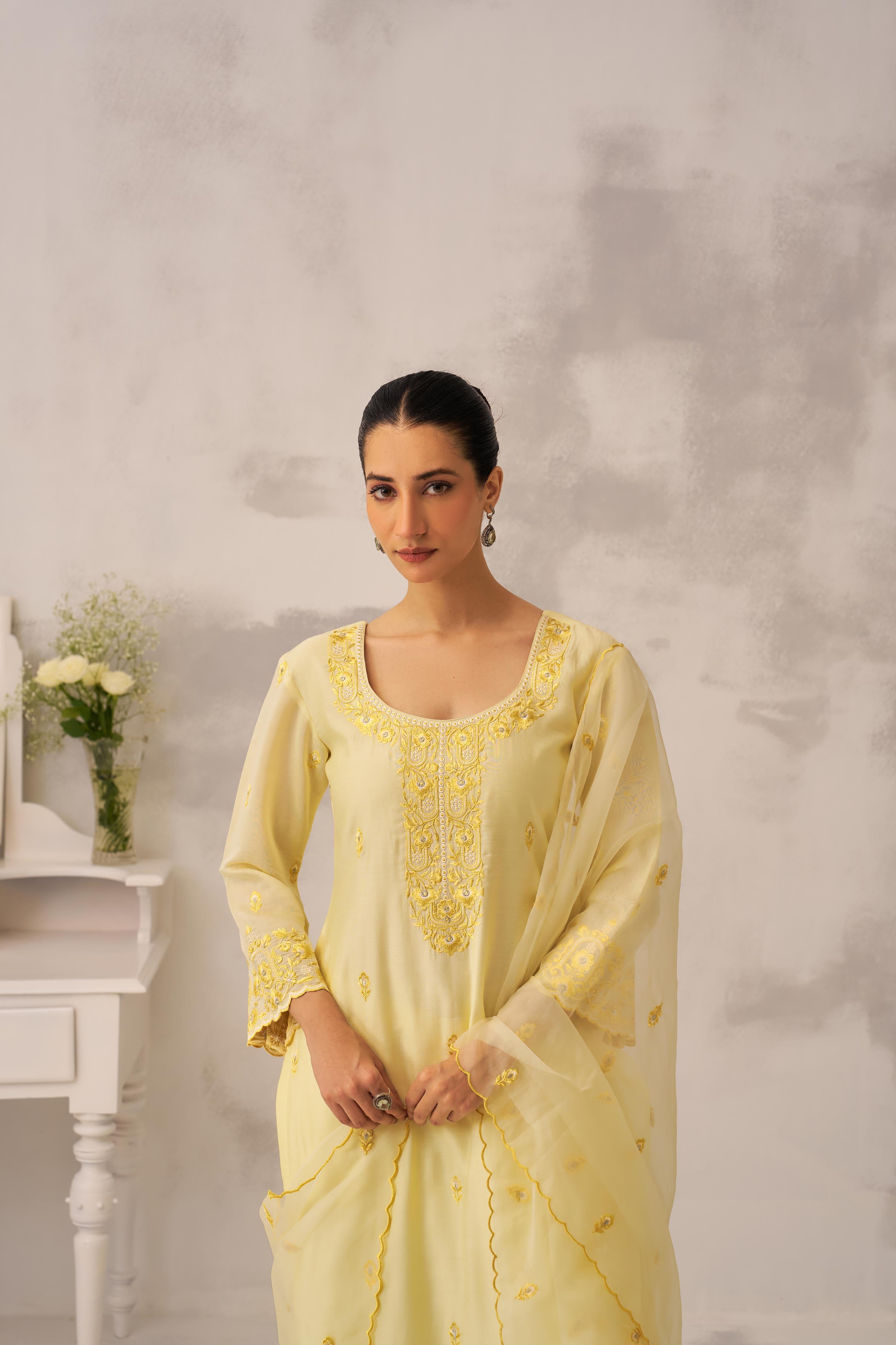 APOORVA SHARMA in TARINI - Lime Yellow Chanderi Suit Set