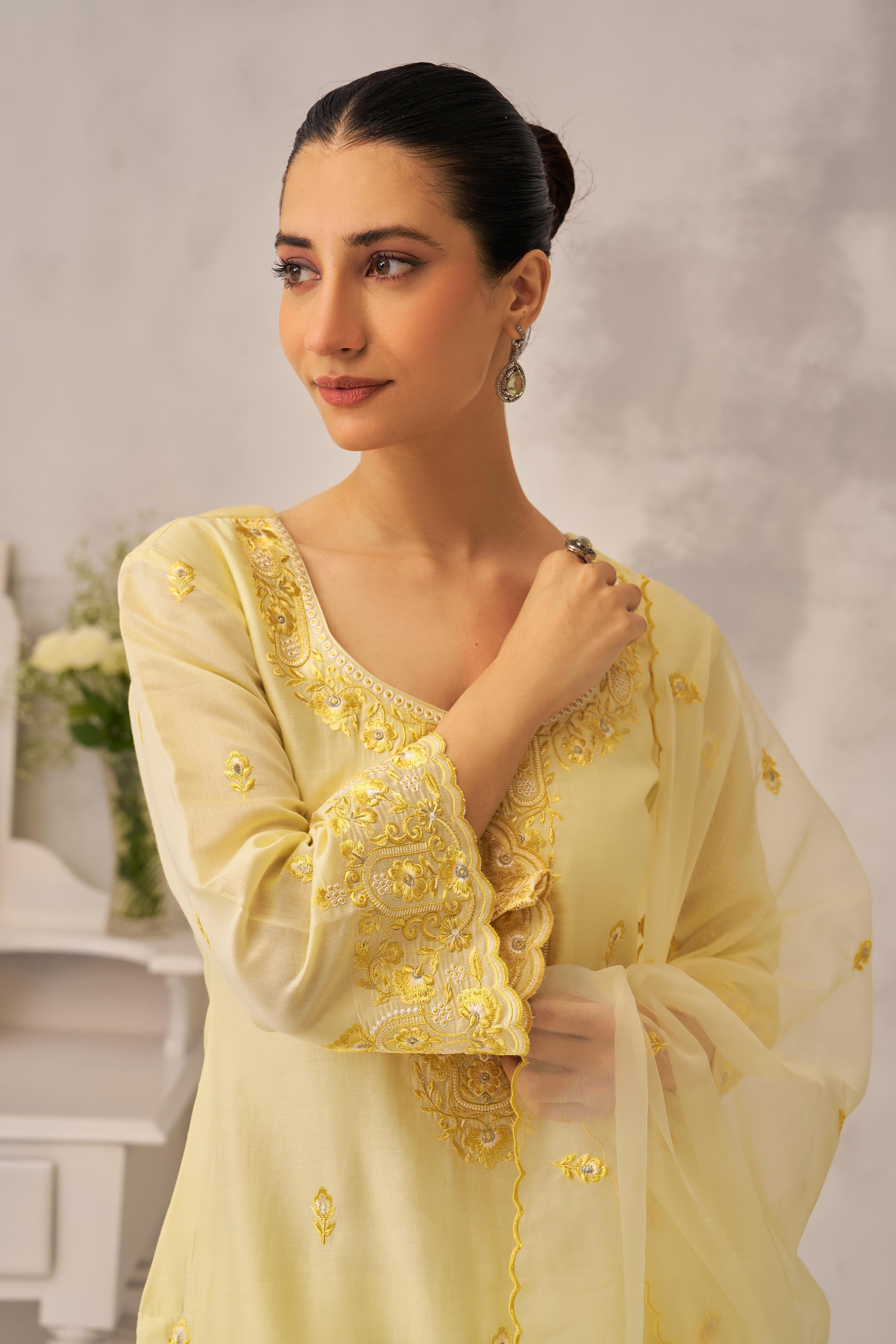 APOORVA SHARMA in TARINI - Lime Yellow Chanderi Suit Set