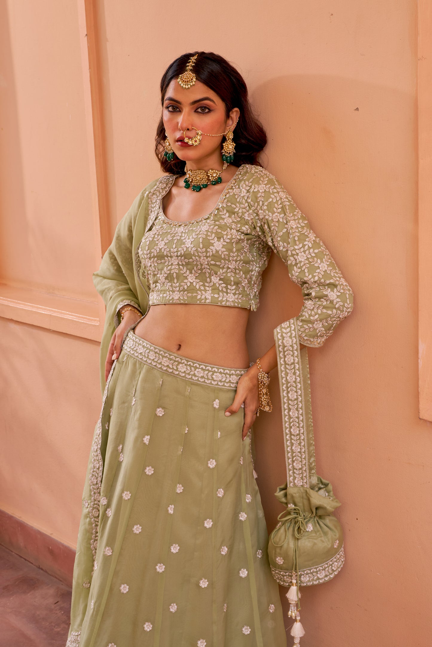 Surma - Green Organza Lehenga Set.