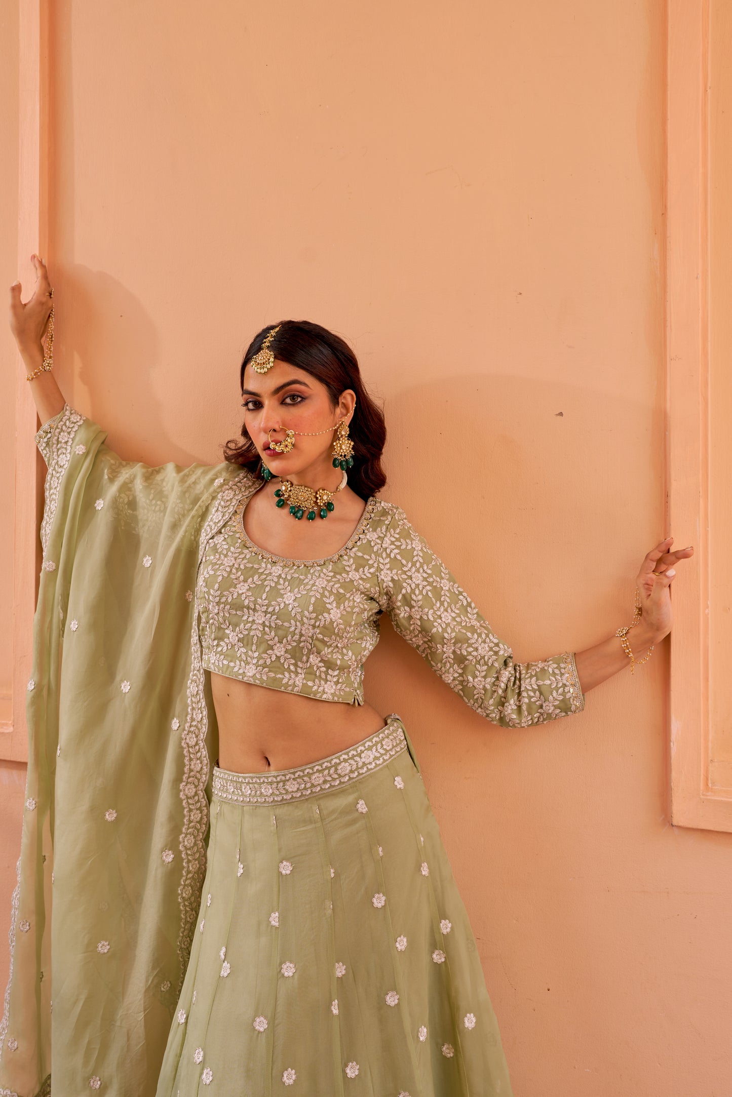 Surma - Green Organza Lehenga Set.