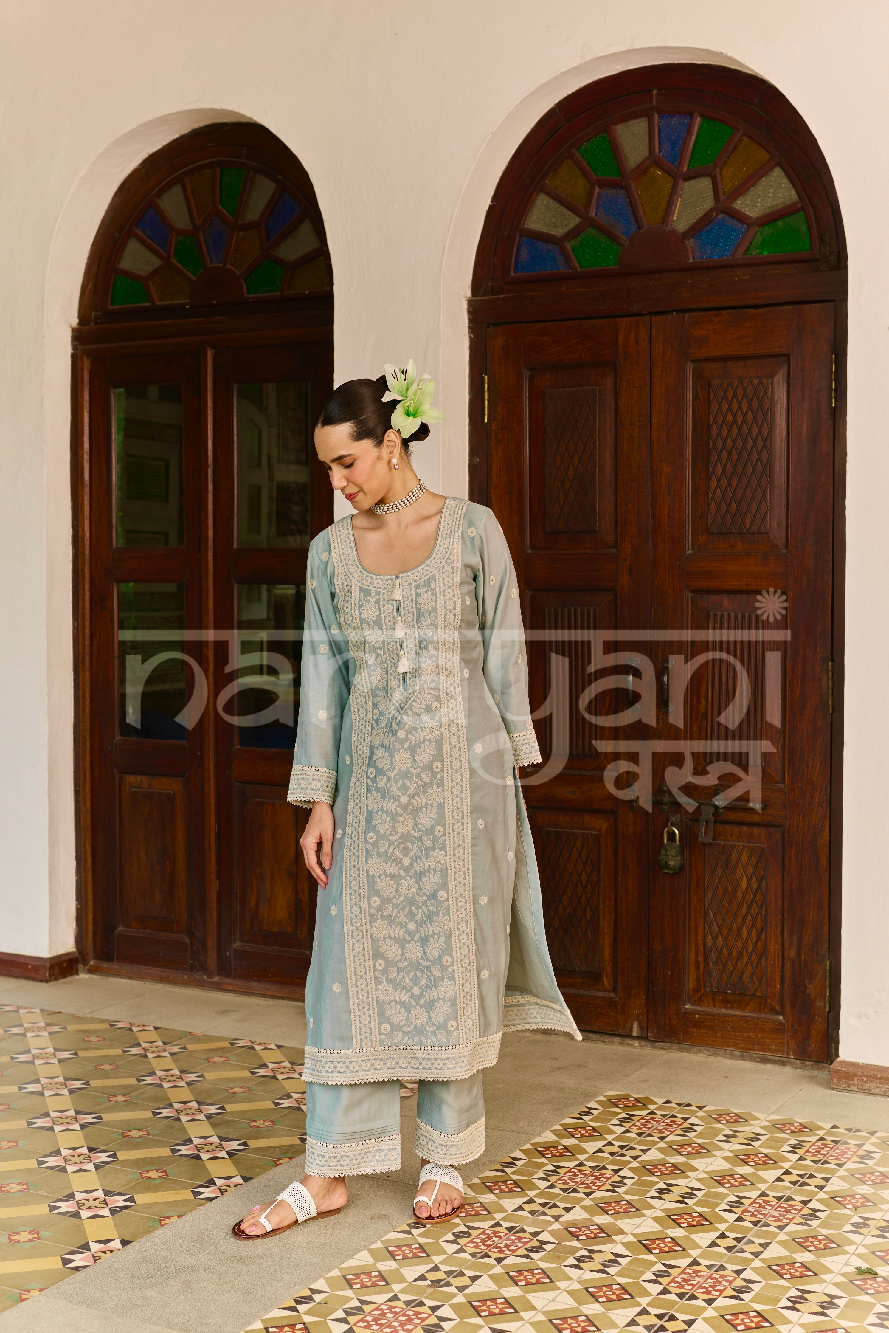 ALIRA - Ice Blue Chanderi Suit Set