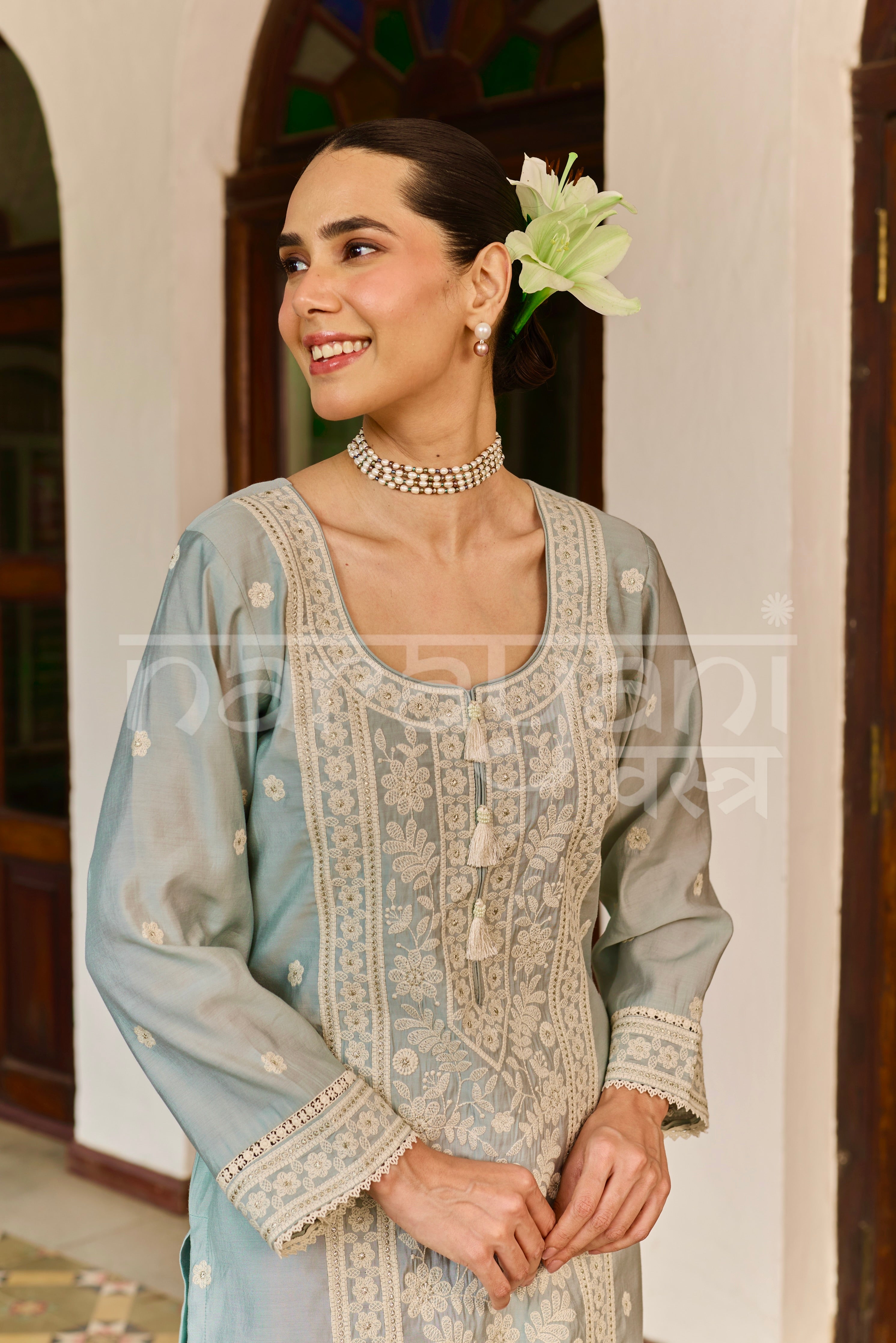 ALIRA - Ice Blue Chanderi Suit Set
