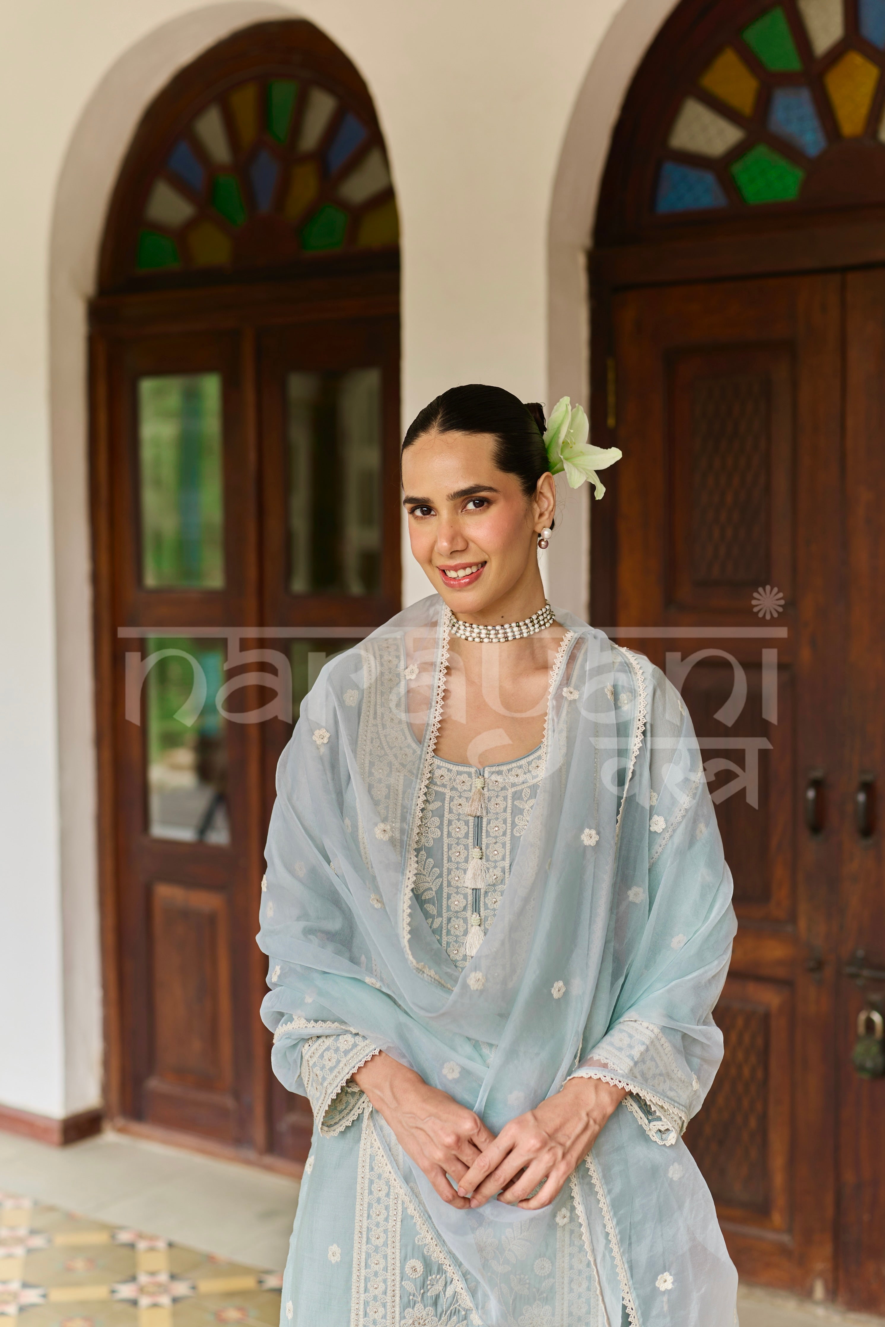 ALIRA - Ice Blue Chanderi Suit Set