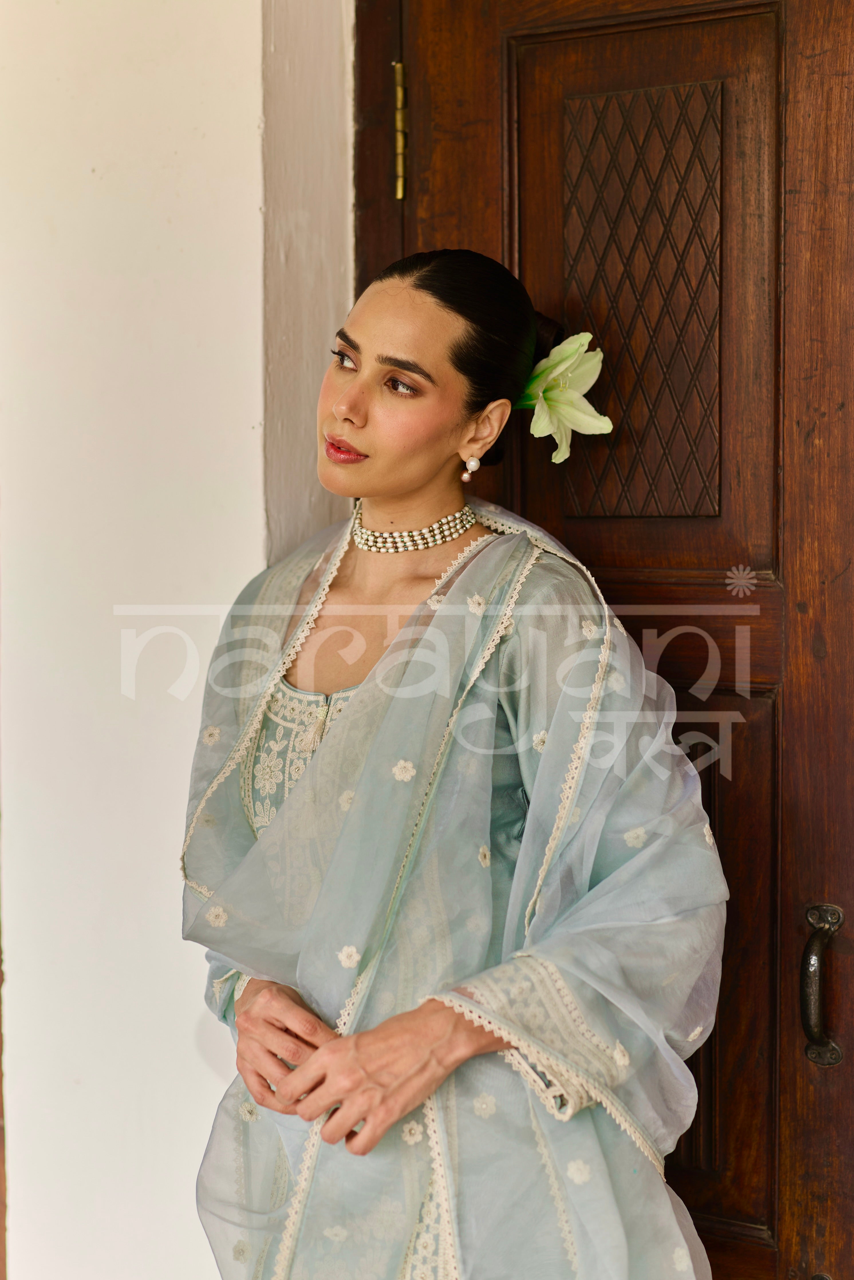ALIRA - Ice Blue Chanderi Suit Set