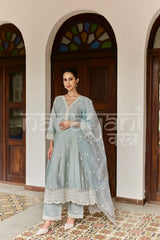 RUMI - Ice Blue Chanderi A-line Suit Set