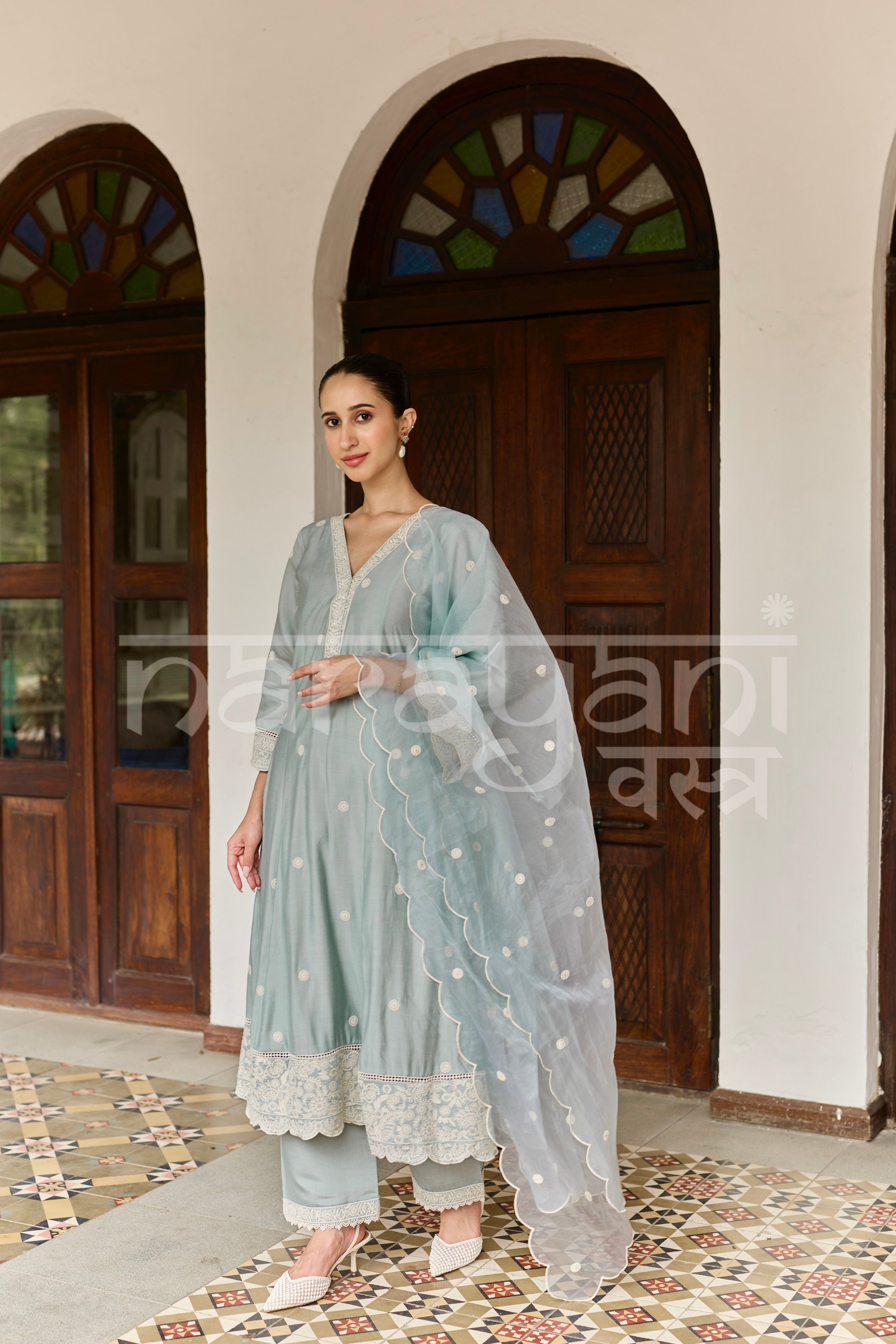 RUMI - Ice Blue Chanderi A-line Suit Set