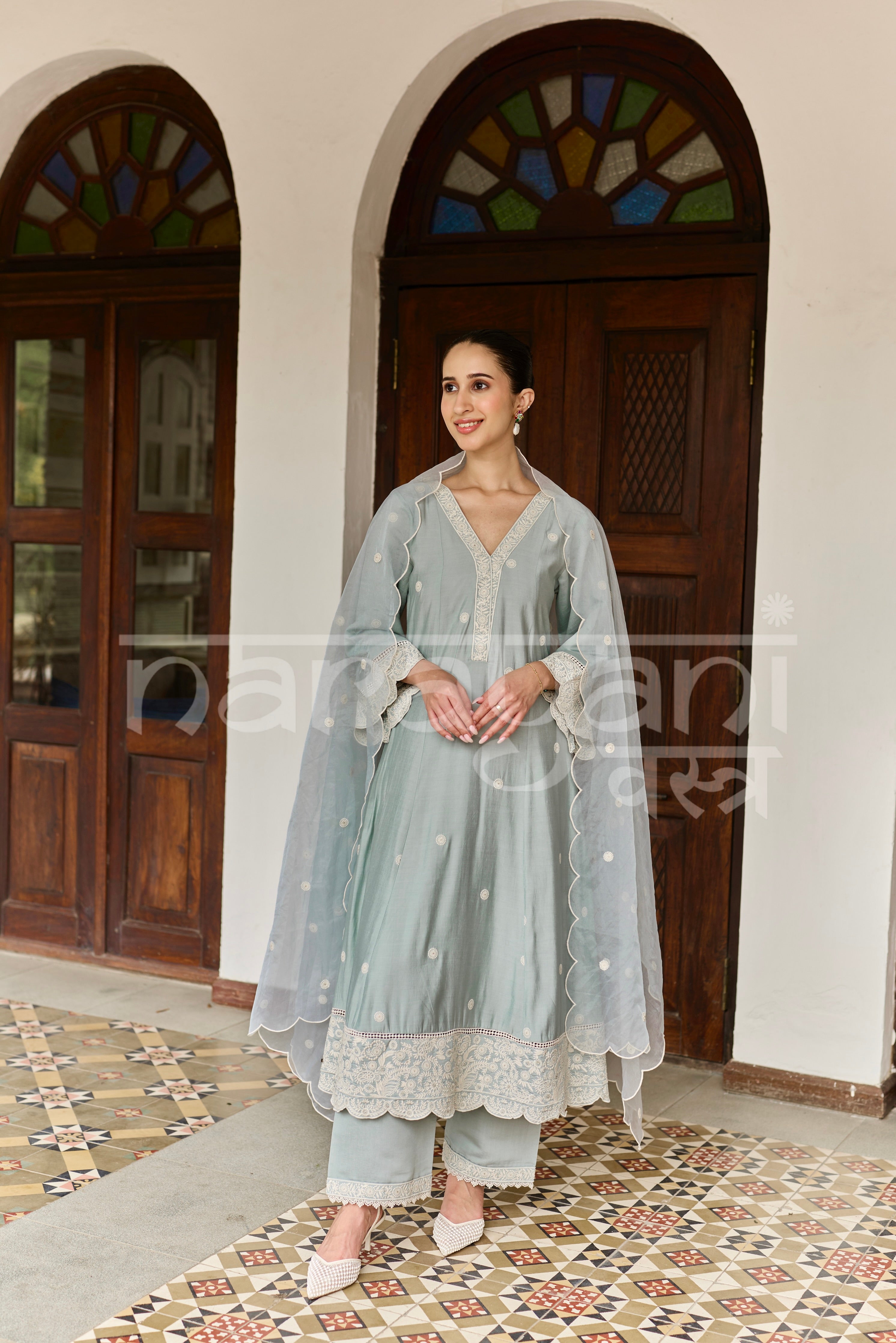 RUMI - Ice Blue Chanderi A-line Suit Set