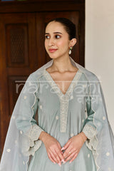 RUMI - Ice Blue Chanderi A-line Suit Set