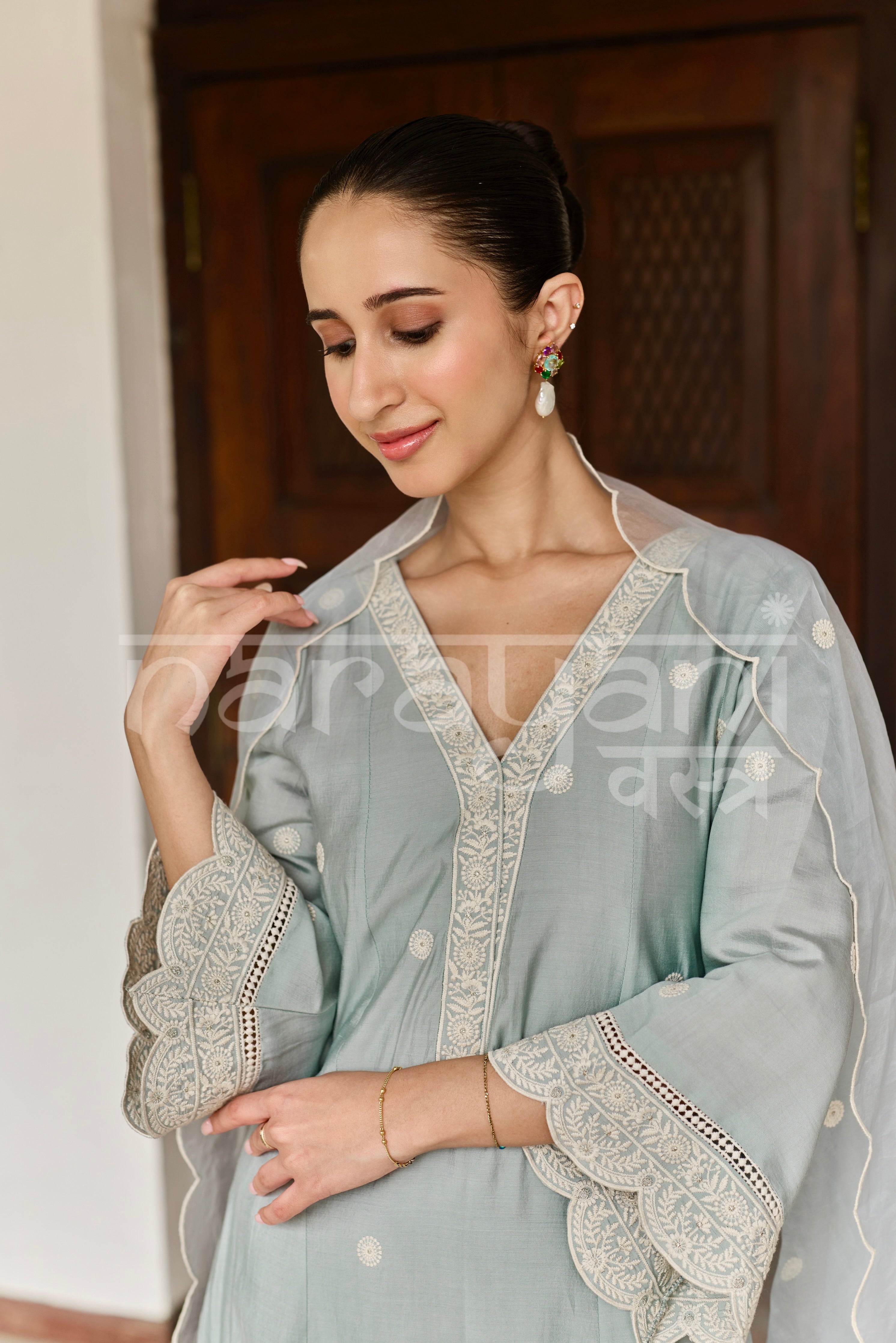 RUMI - Ice Blue Chanderi A-line Suit Set